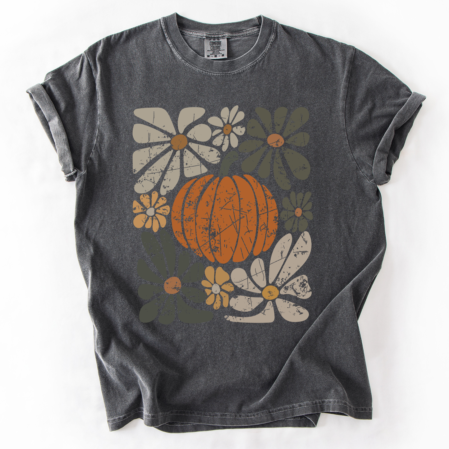 Retro Autumn Pumpkin and Flowers Comfort Colors T-Shirt Refinery Number One