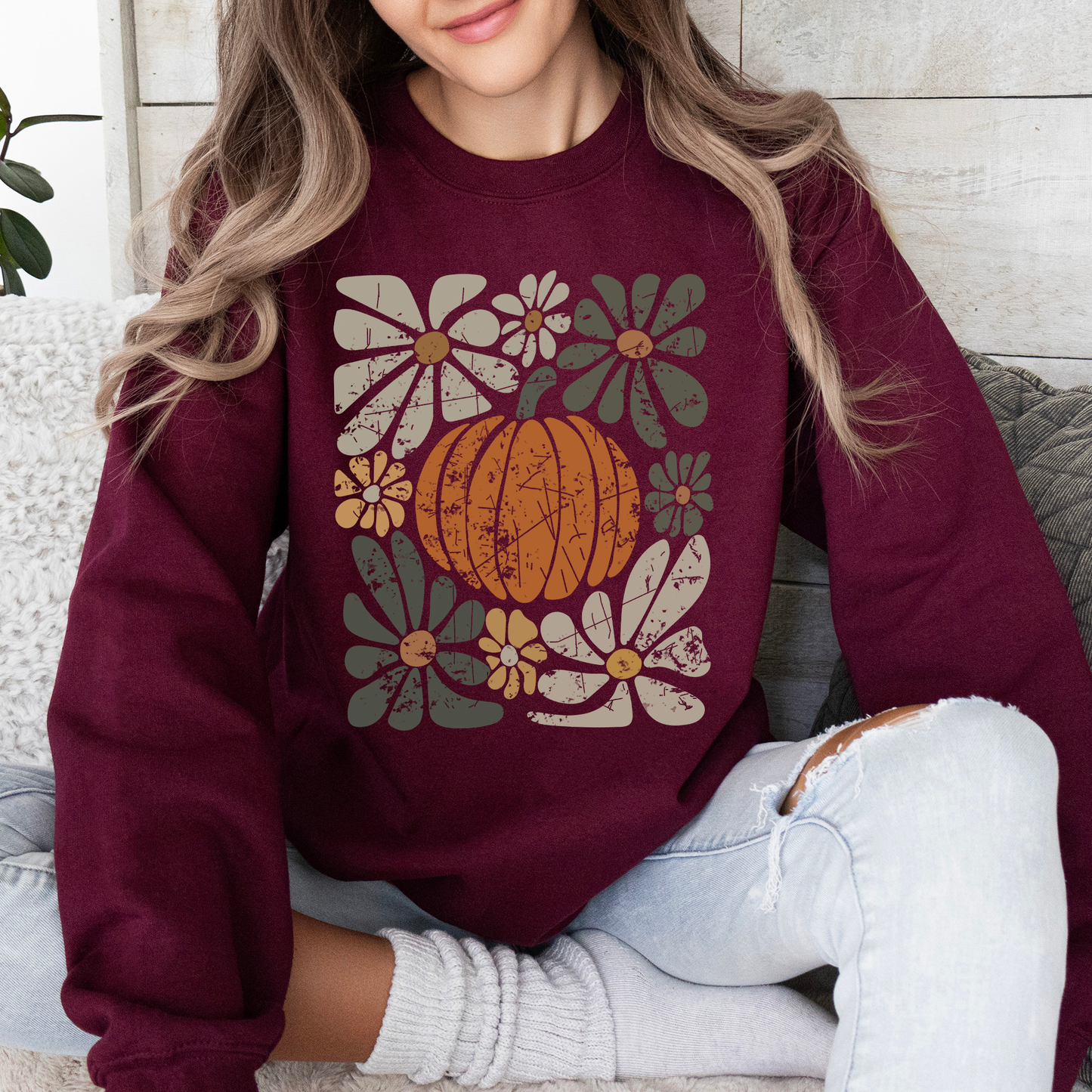 Retro Autumn Pumpkin and Flowers Fall Halloween Sweatshirt Refinery Number One