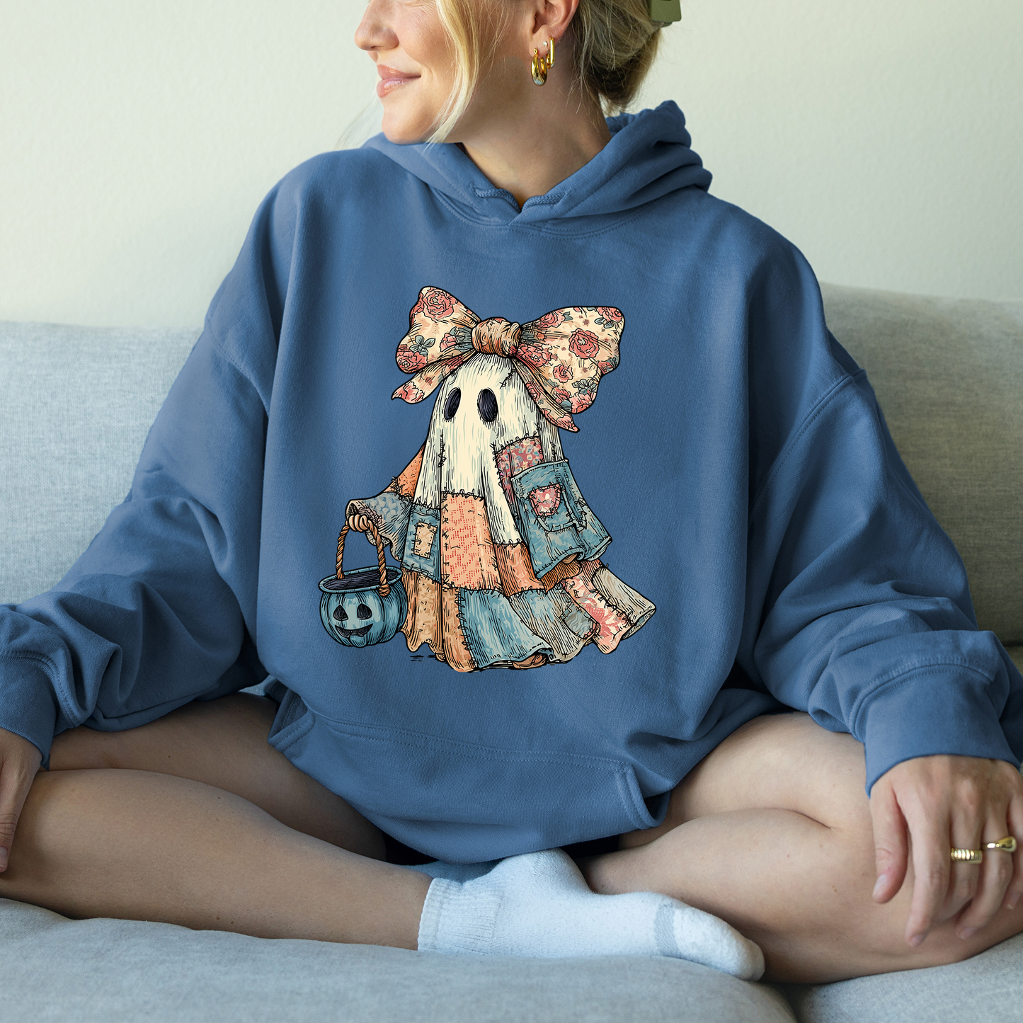 Retro Halloween Faux Denim Patchwork Ghost Graphic Hoodie Refinery Number One