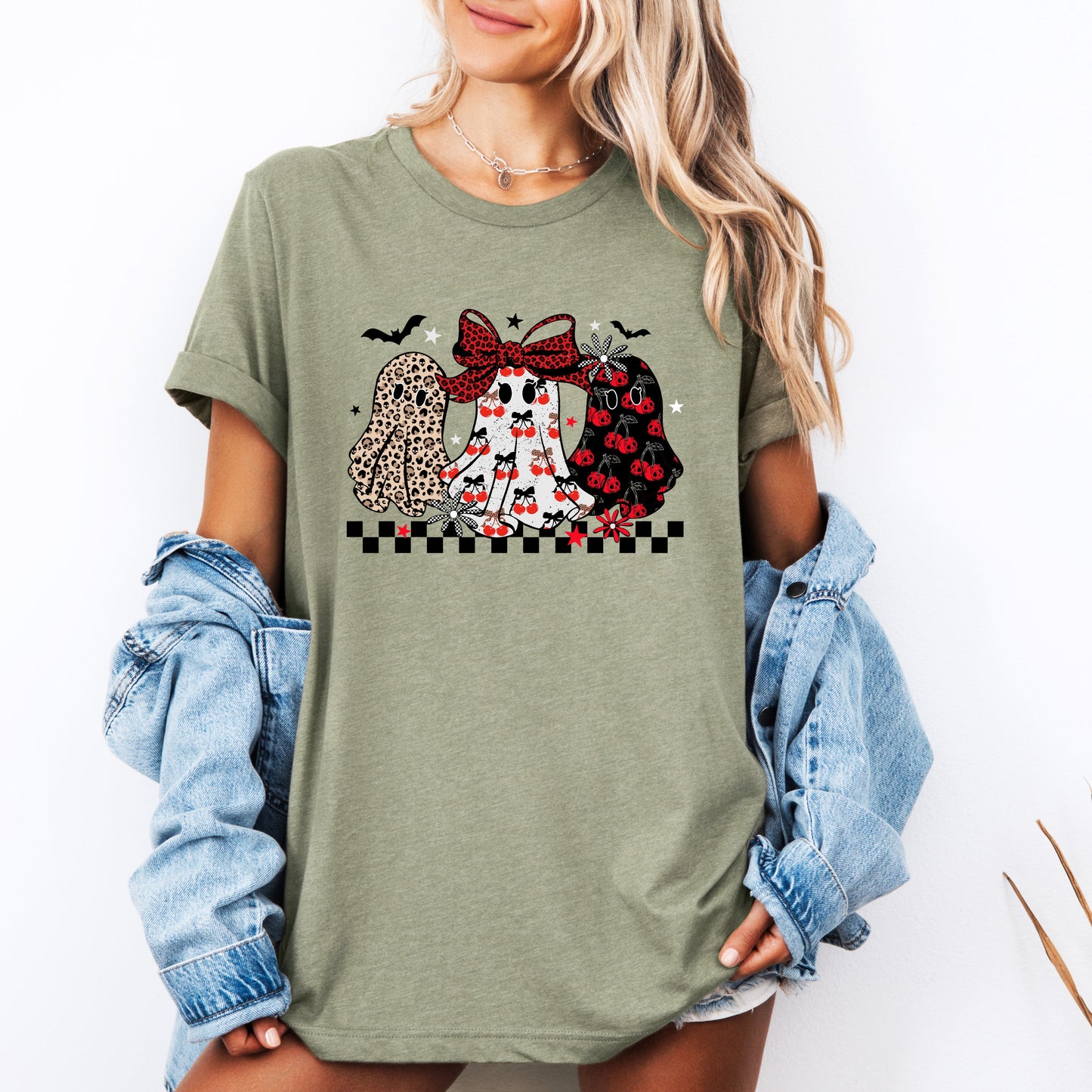 Retro Halloween Ghosts, Checkered, Pattern, Tshirt