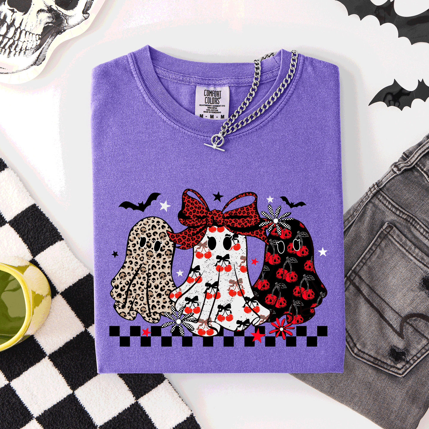 Retro Halloween Ghosts Checkered Pattern Comfort Colors T-Shirt Refinery Number One