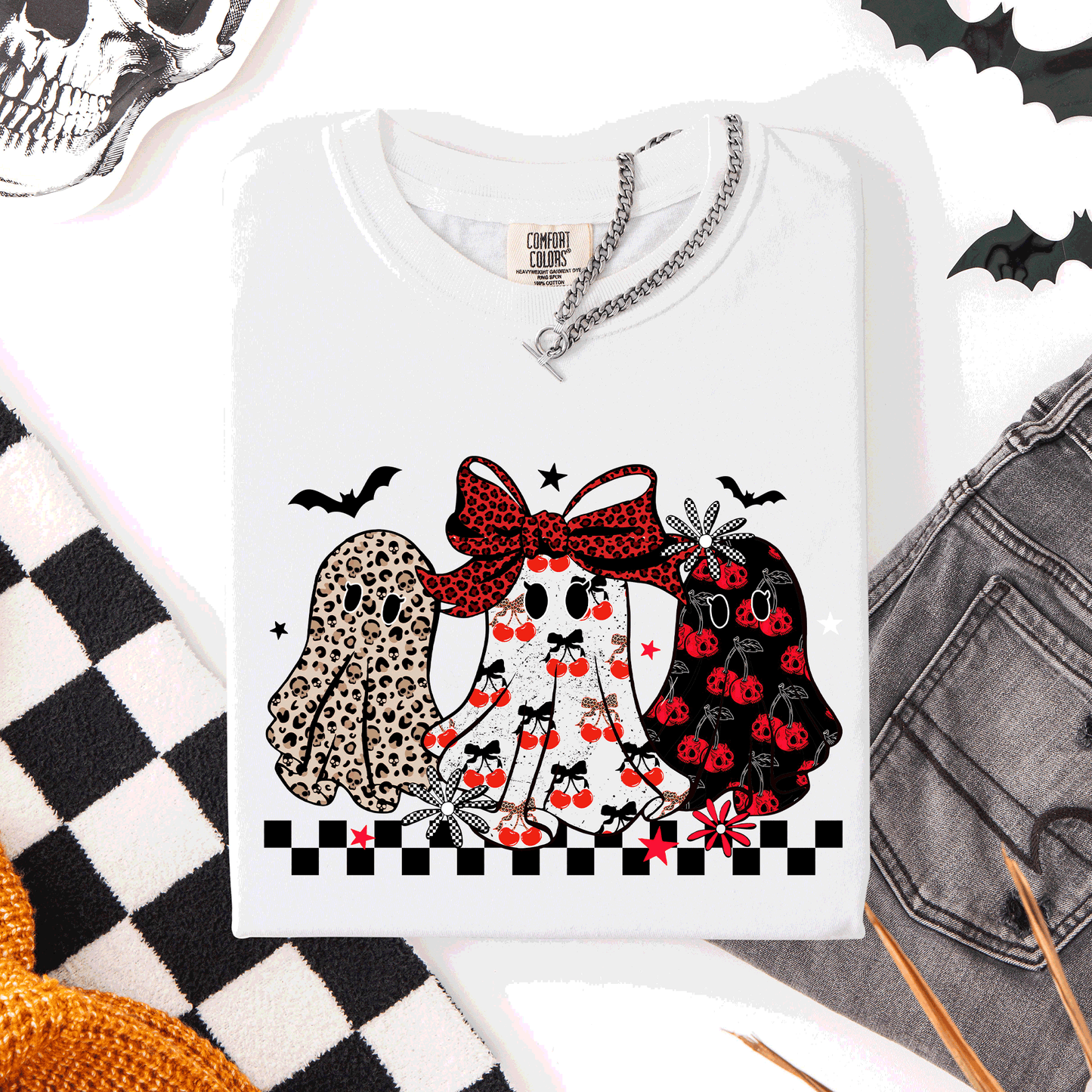 Retro Halloween Ghosts, Checkered, Pattern, Comfort Colors T-Shirt