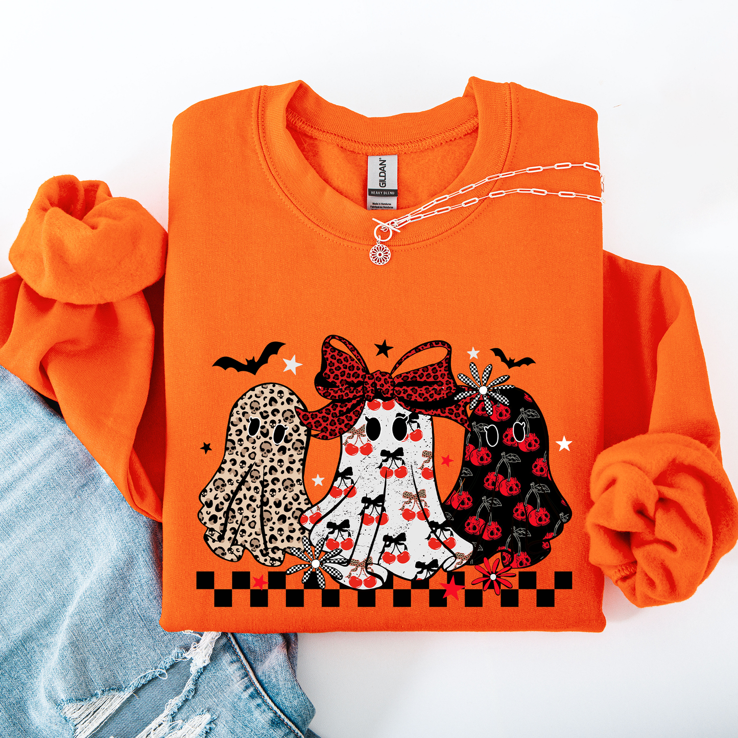 Retro Halloween Ghosts Checkered Pattern Sweatshirt Refinery Number One