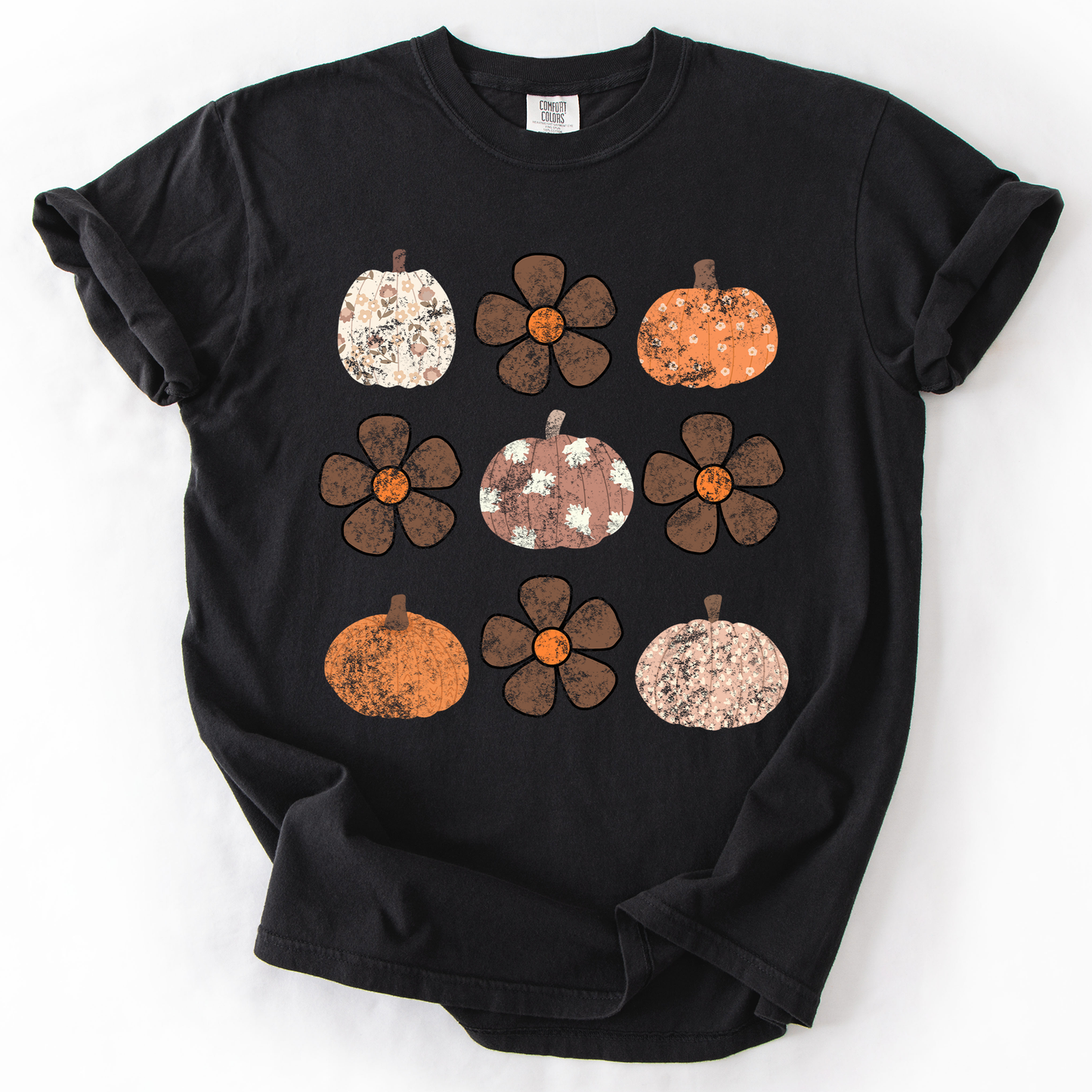 Retro Halloween Comfort Colors T-Shirt Autumn Fall Patterned Flowers Pumpkins