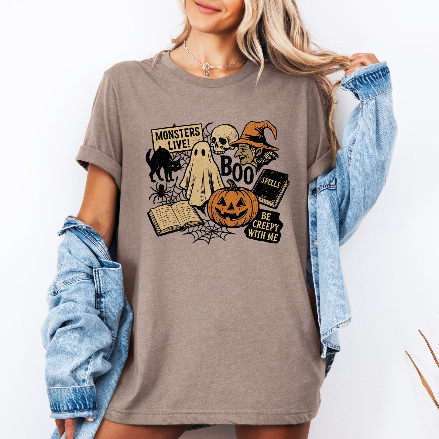 Retro Halloween Checkered T-shirt with Monsters and Witch Refinery Number One