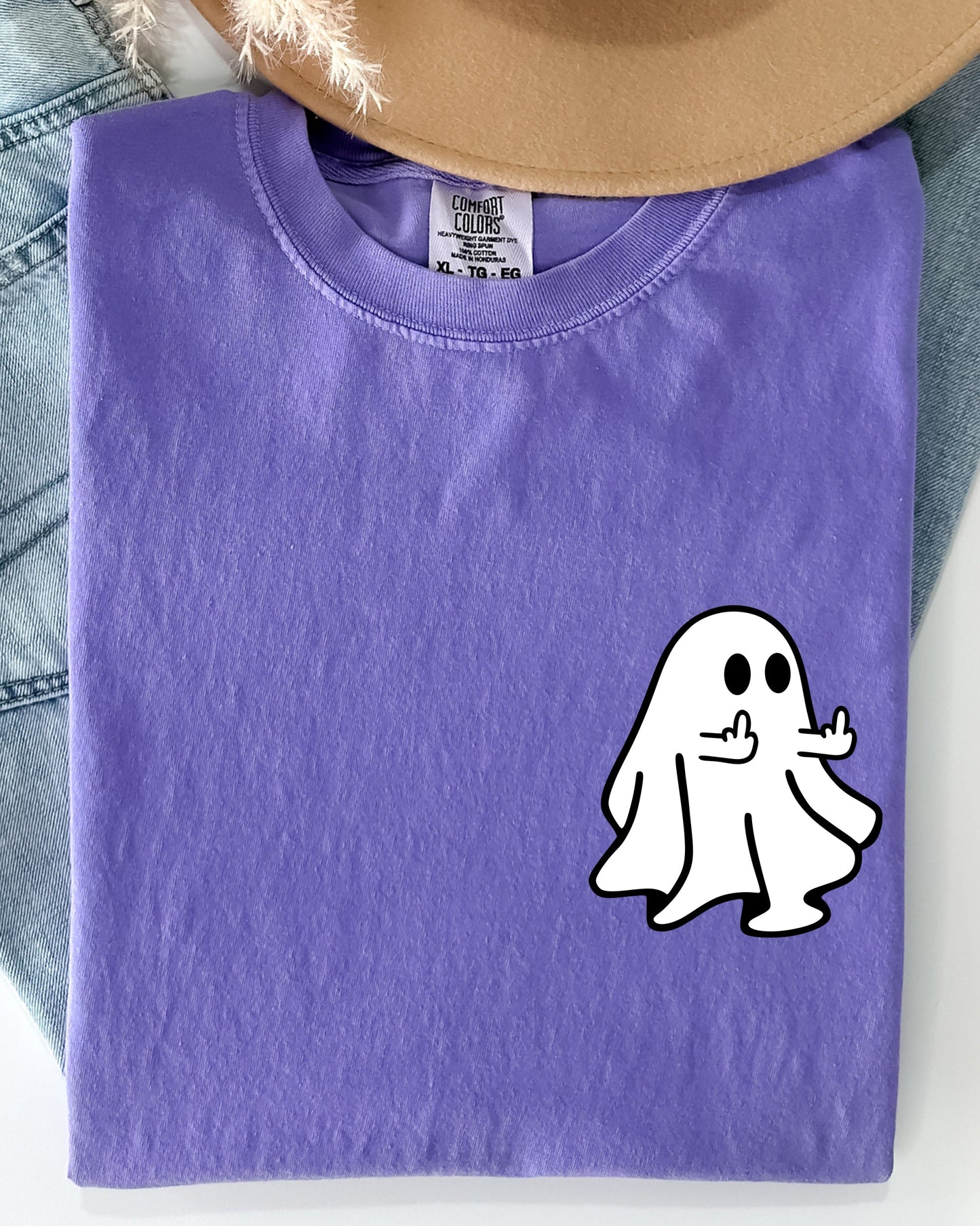 Rude Ghost Pocket Print, Middle Finger, Crude, Vulgar, Funny, Meme, Halloween Shirt Comfort Colors T-Shirt
