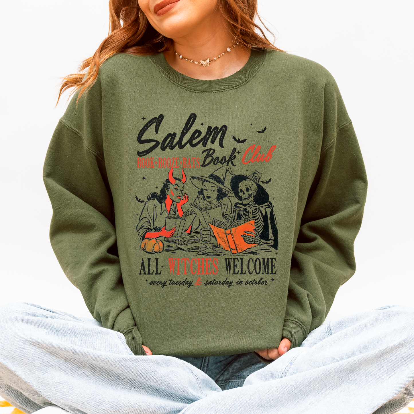 Salem Book Club Vintage Graphic Sweatshirt Cozy Halloween Reading Apparel