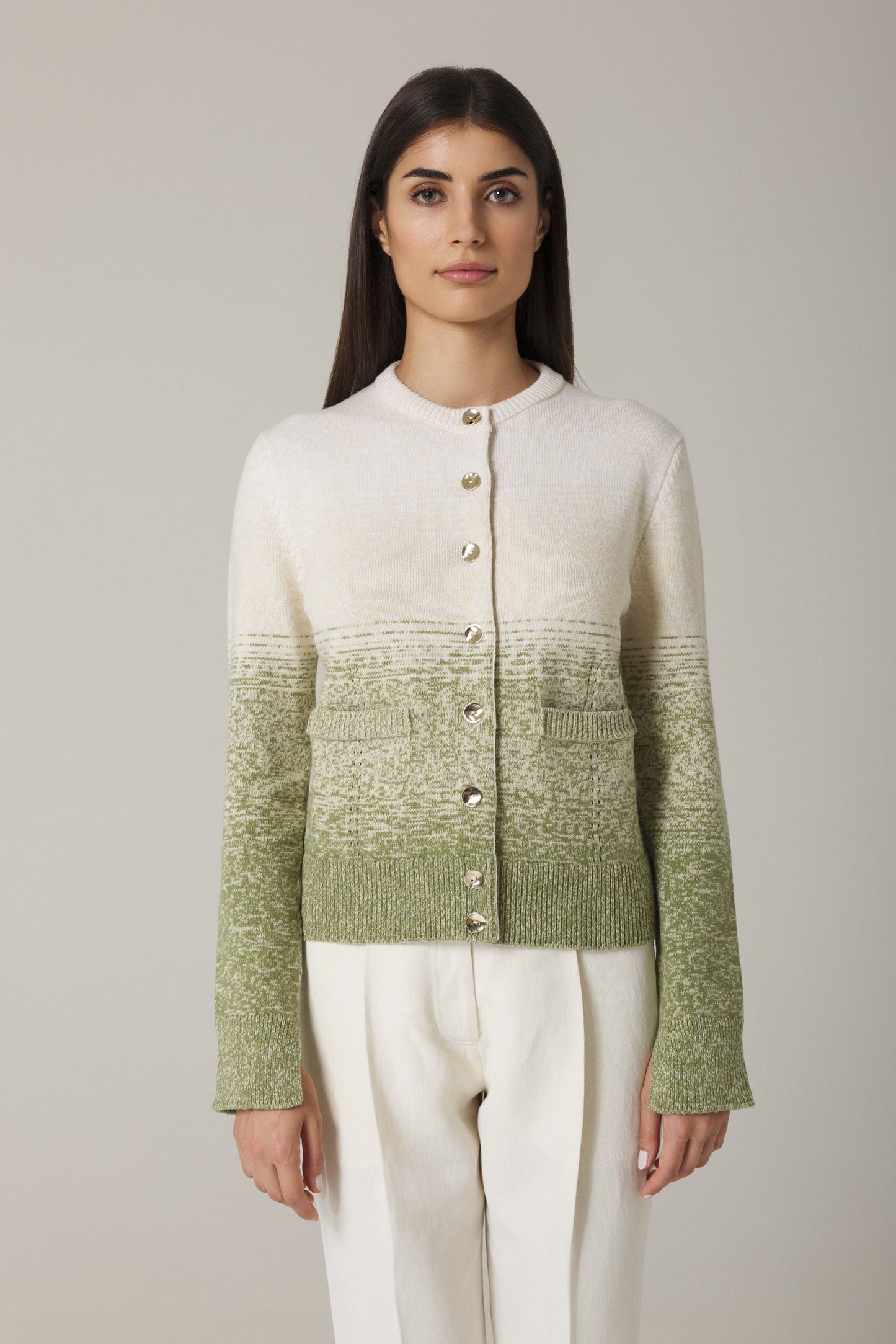 Ombré Cotton Blend Cardigan with Gold Buttons Olive Combo UNA