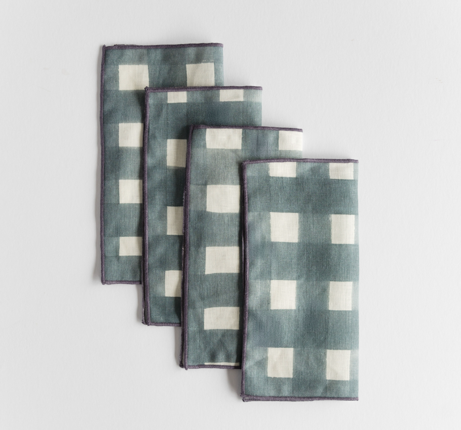 Blue Cross Hatch Linen Cocktail Napkins Set of 4