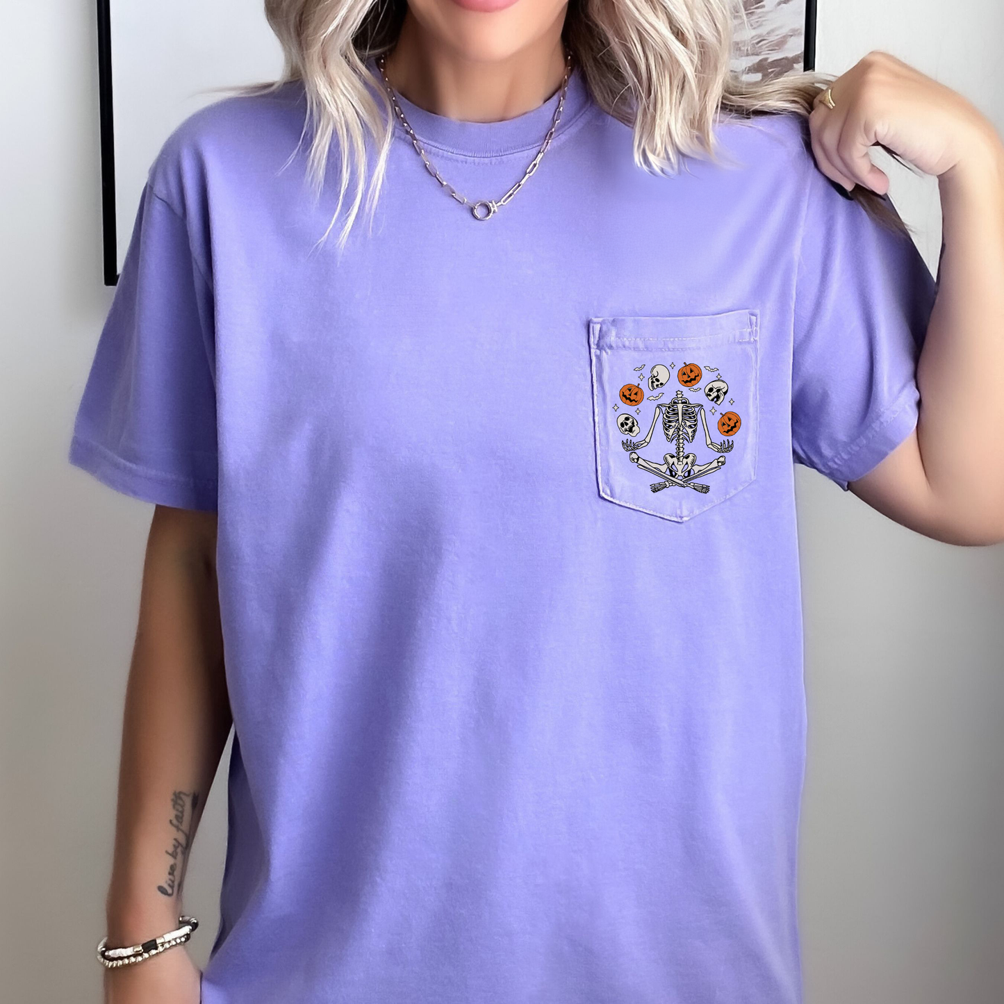 Skeleton Juggling Jack o Lantern Pocket T-Shirt Comfort Colors Refinery Number One