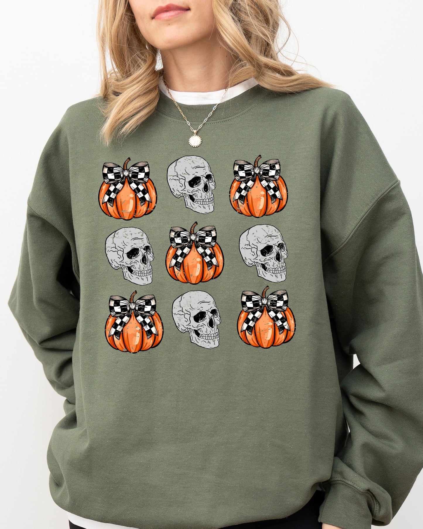 Skulls and Checkered Pumpkins Halloween Sweatshirt Coquette Ribbons and Bows