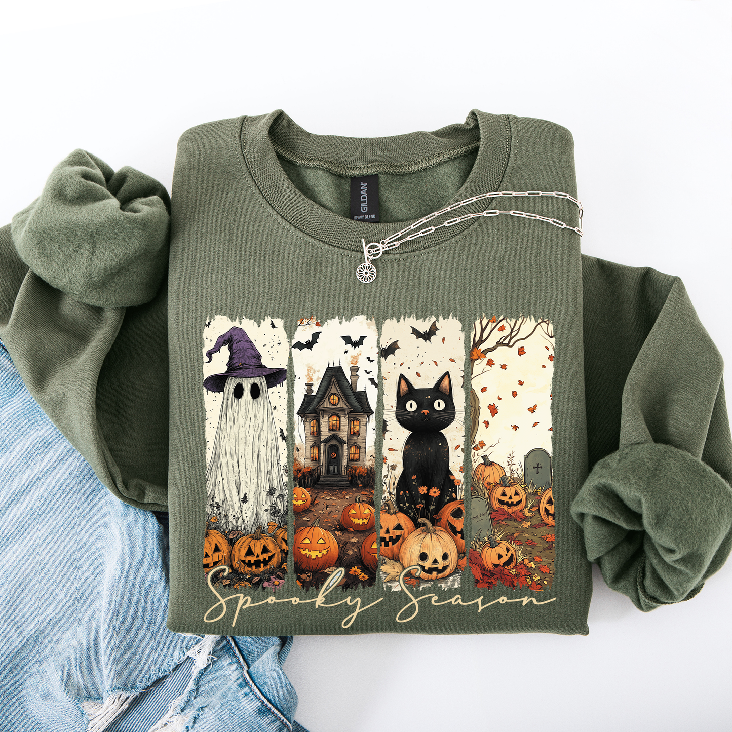 Spooky Season, Stripes, Halloween, Cat, Ghost, Pumpkins, Autumn, Fall Sweatshirt
