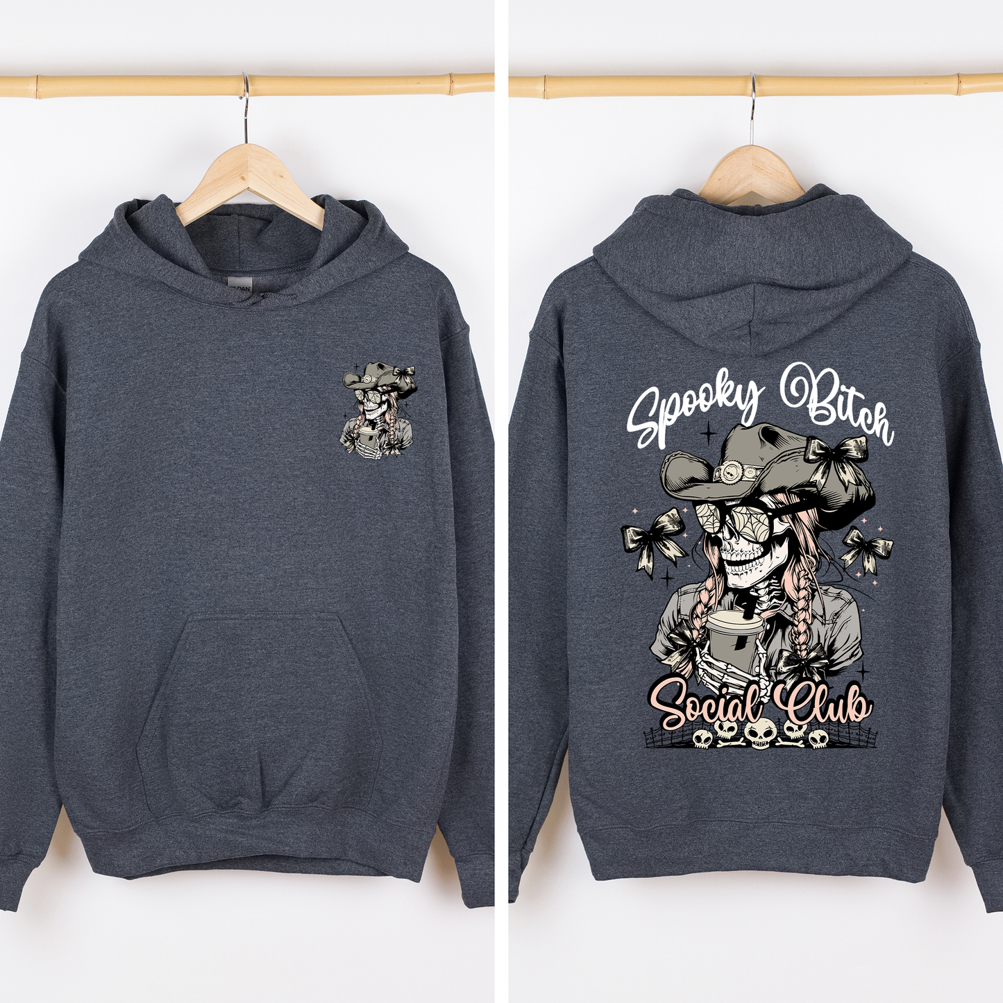 Spooky Bitch Social Club, Skeleton, Coquette, Halloween, Trending, Graphic Hoodie, Hooded Sweatshirt