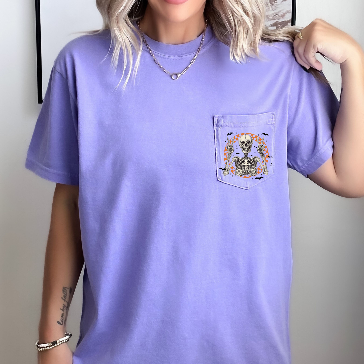 Skeleton Peace Checkered Pocket Comfort Colors Pocket T-Shirt Refinery Number One