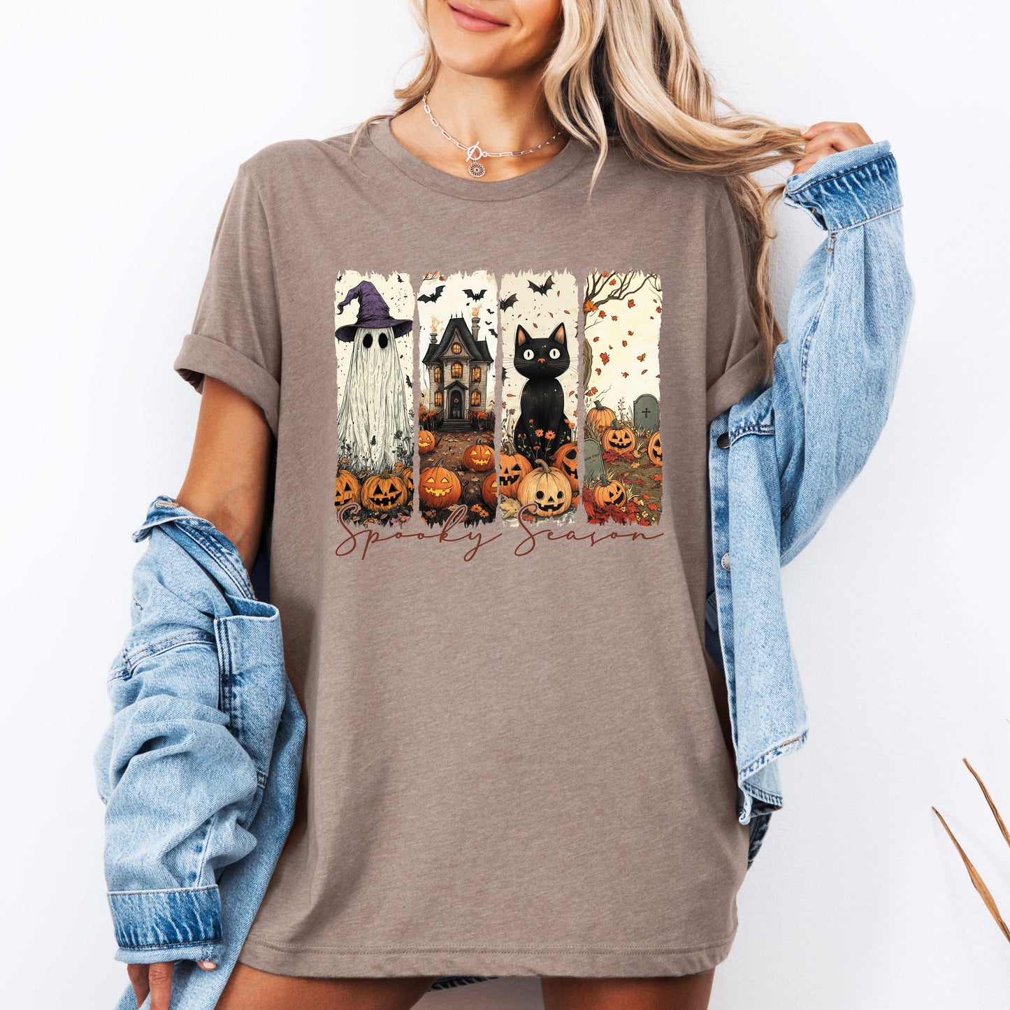 Spooky Season, Stripes, Halloween, Cat, Ghost, Pumpkins, Autumn, Fall, Tshirt