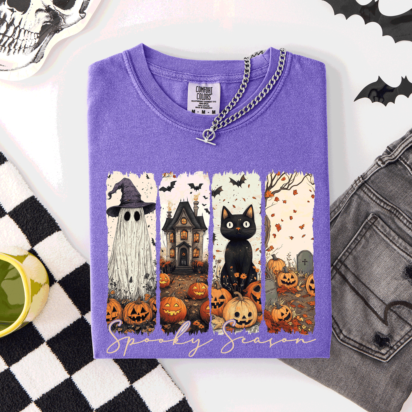 Spooky Season, Stripes, Halloween, Cat, Ghost, Pumpkins, Autumn, Fall, Comfort Colors T-Shirt