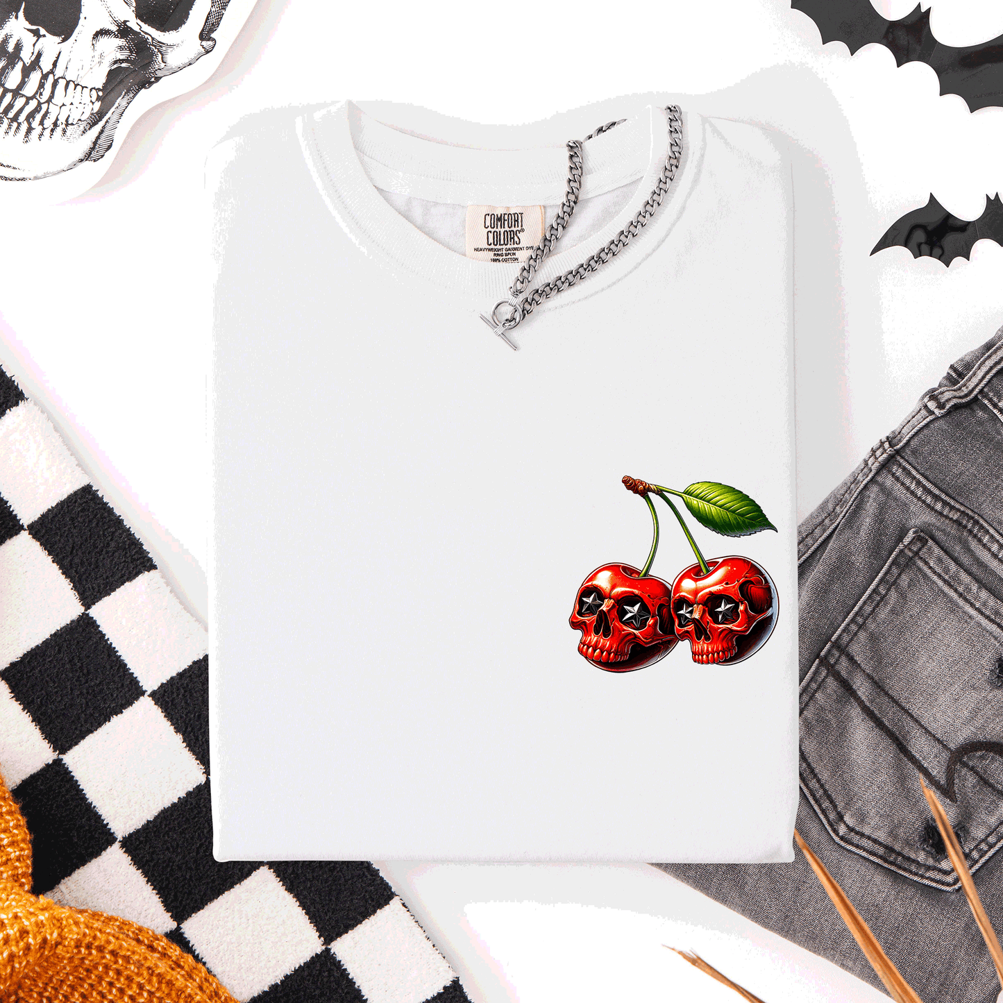 Spooky Skull Cherries Comfort Colors T-Shirt Halloween Skeleton Stars