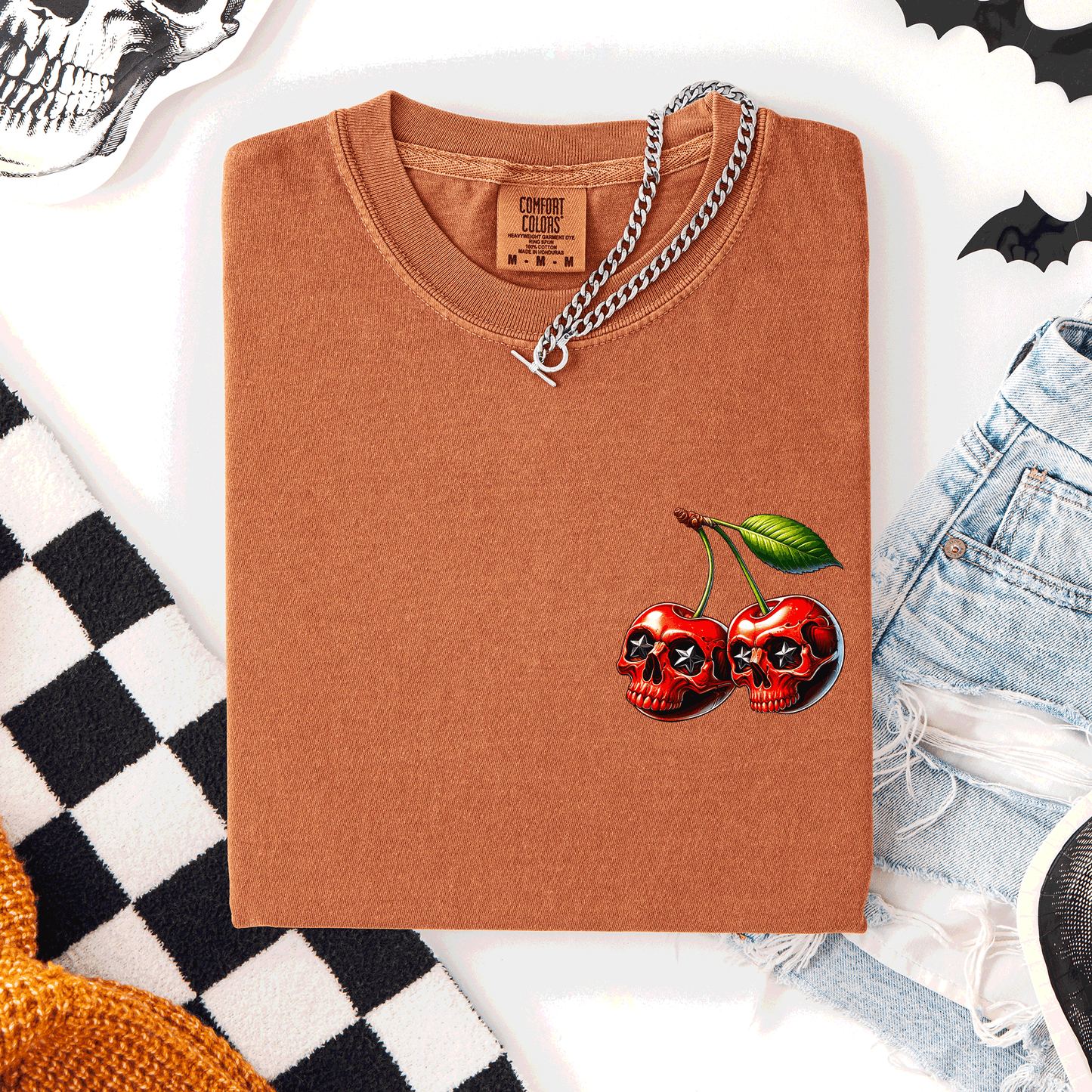 Spooky Skull Cherries, Halloween, Skeleton, Stars, Comfort Colors T-Shirt