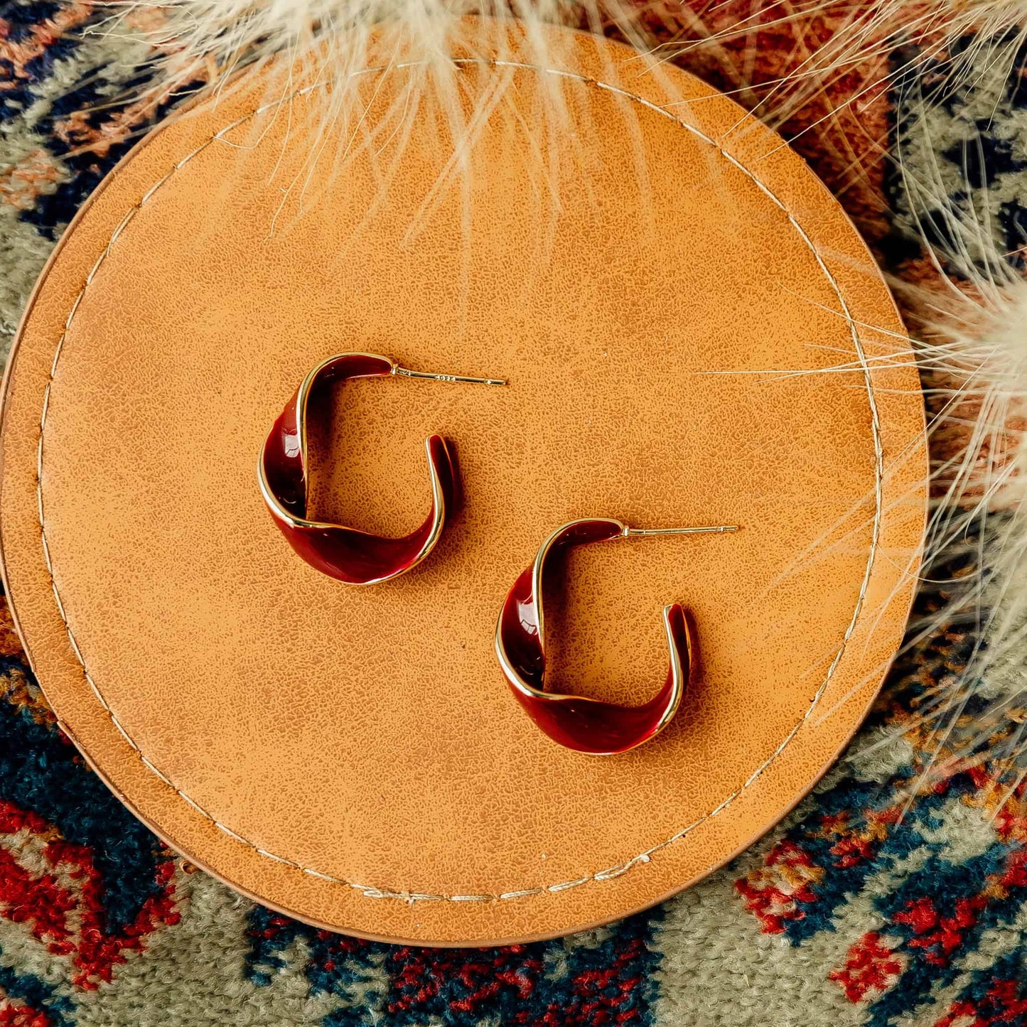 Twisted Deep Red Burgundy Gold Lightweight Hoop Earrings Stella Earrings
