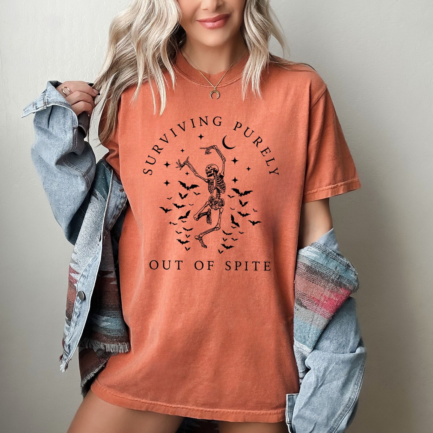 Surviving Purely Out of Spite, Skeleton, Bats, Funny, Aesthetic, Meme, Halloween, Spooky, Dancing Shirt Comfort Colors T-Shirt