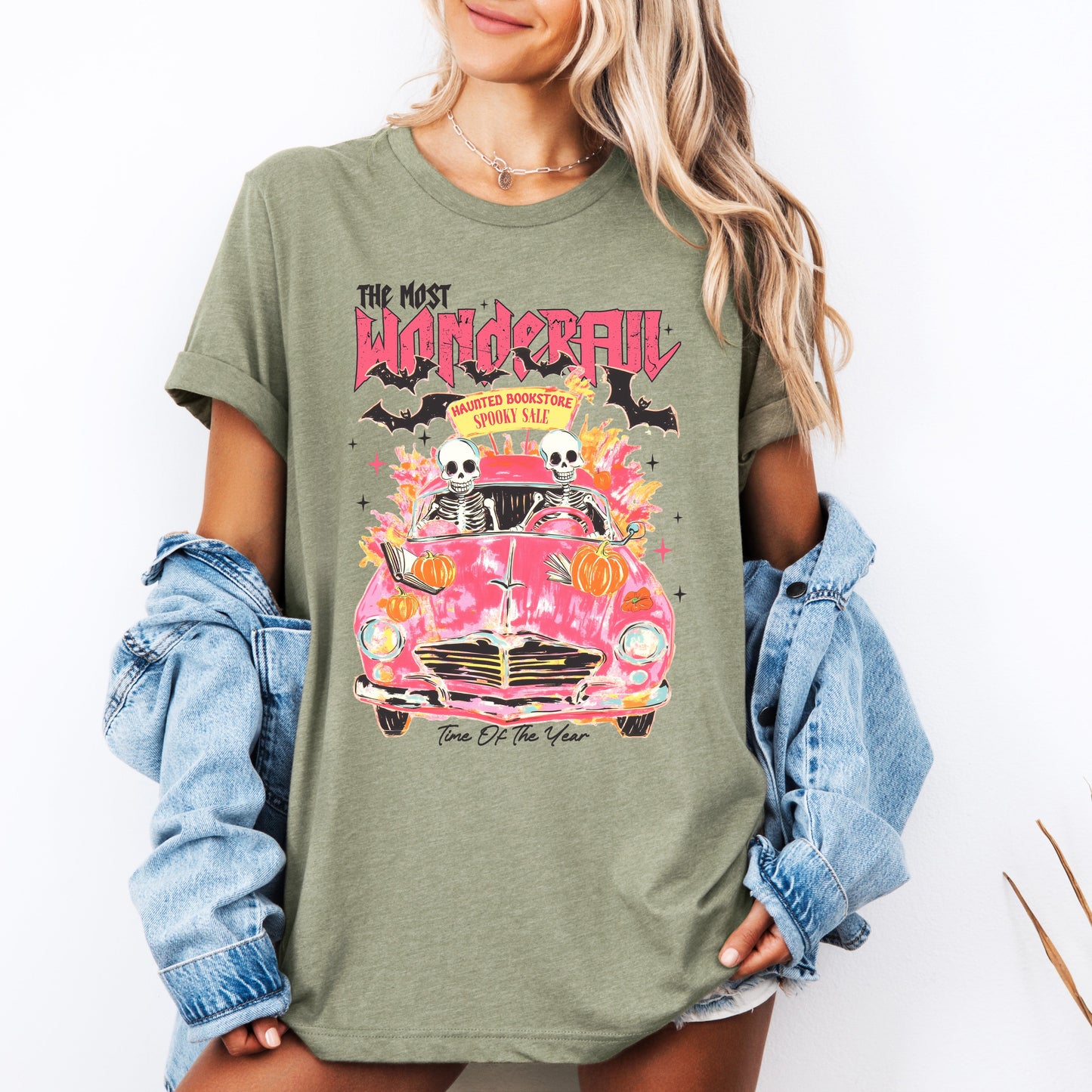 Pink Spooky Halloween Reading Skeletons Graphic Tee Refinery Number One