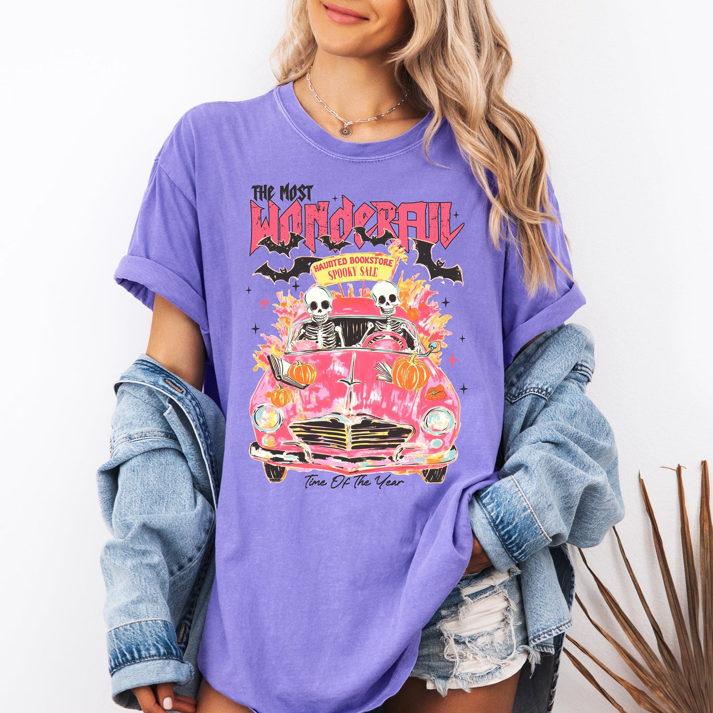 Reading Skeletons Pink Spooky Halloween Graphic Tee Comfort Colors T-Shirt Refinery Number One
