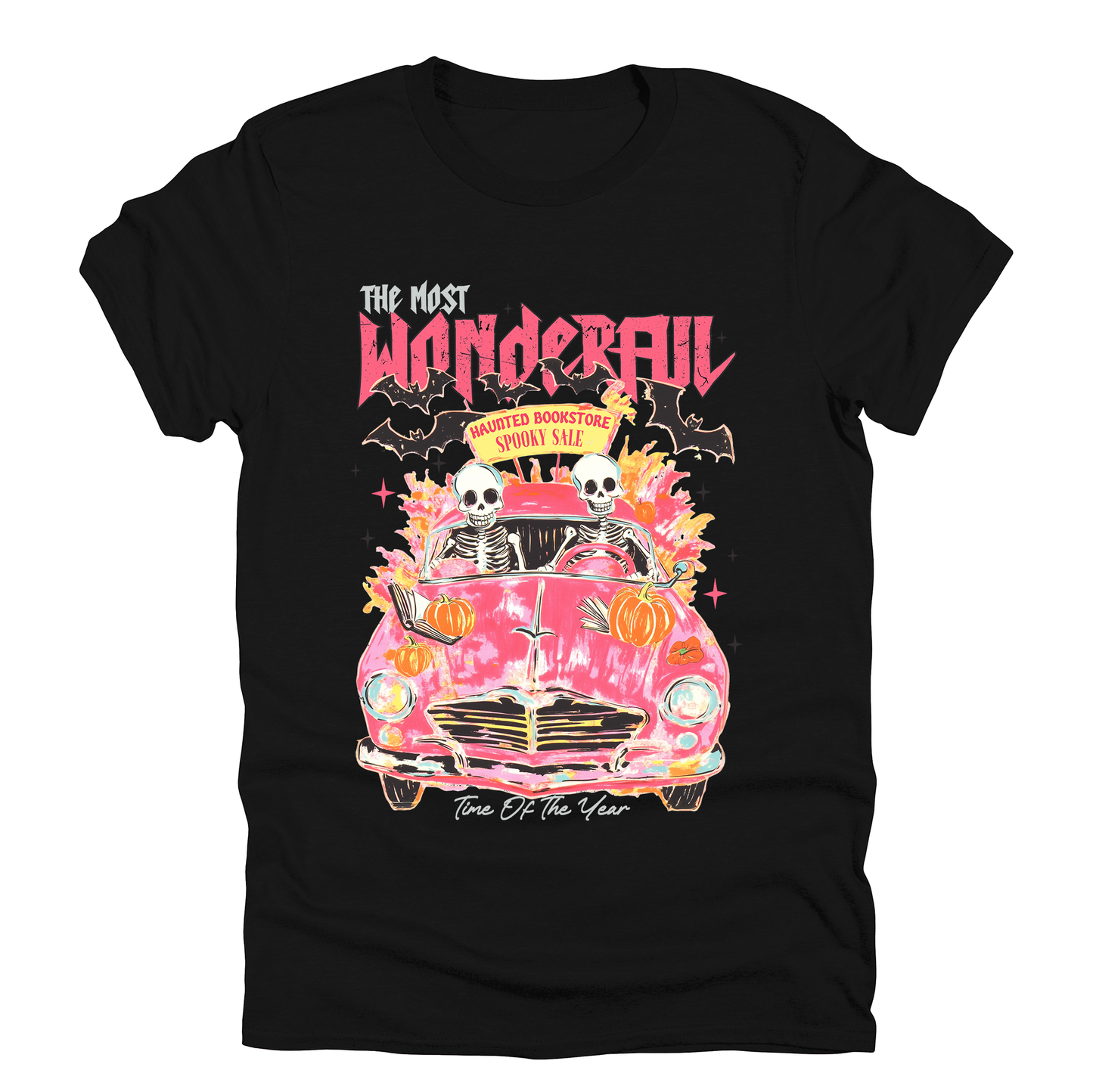 The Most Wonderful Time Of The Year, Reading Skeletons, Pink, Spooky, Halloween, Trending Graphic Tee, Black Tshirt