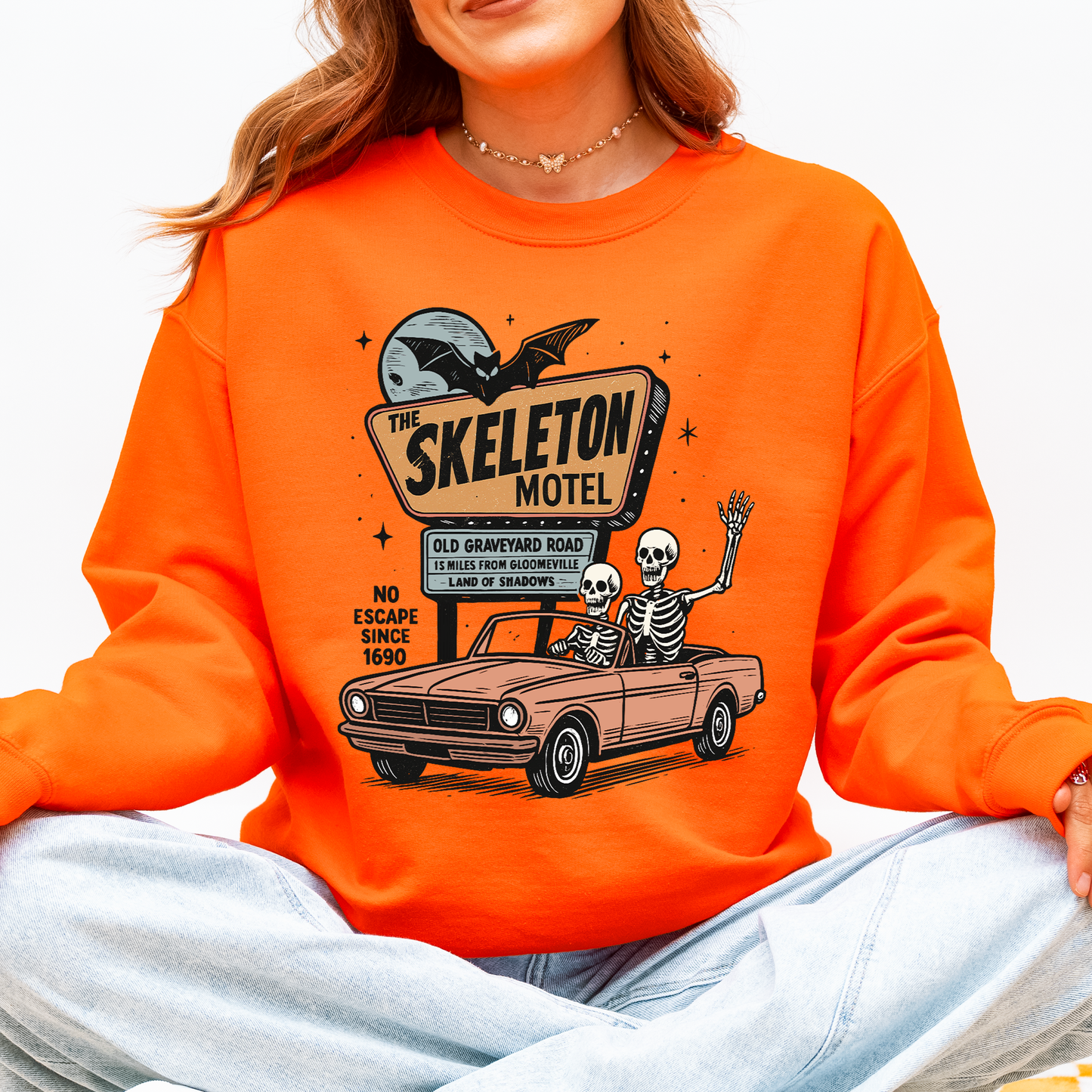 Spooky Skeleton Motel Halloween Sweatshirt Refinery Number One