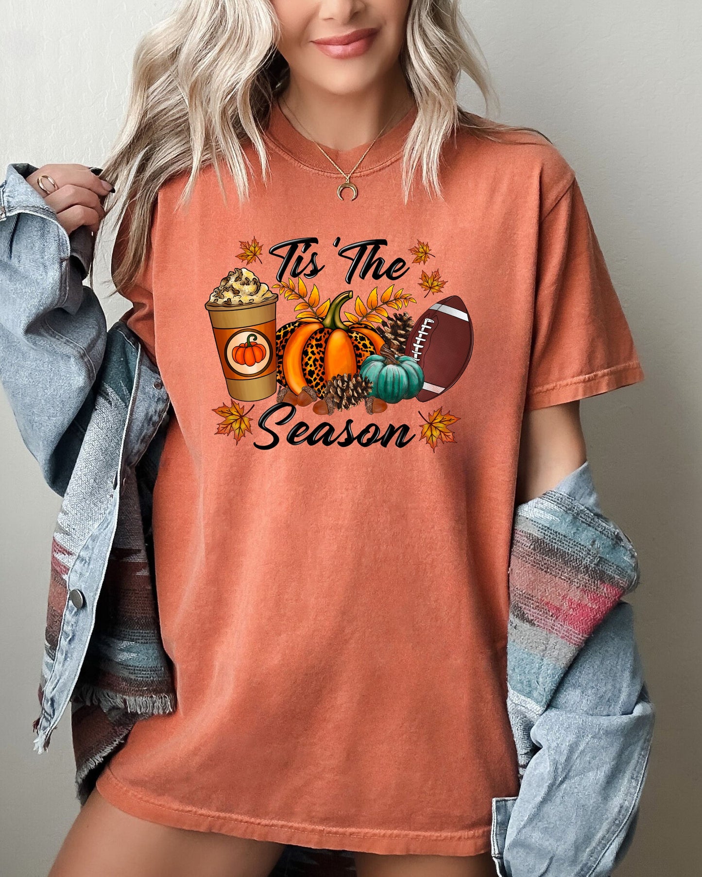Tis The Season, Leopard Print, Football, Pumpkin, Pumpkin Spice Coffee Latte, Leaves, Autumn, Fall, Halloween Shirt Comfort Colors T-Shirt