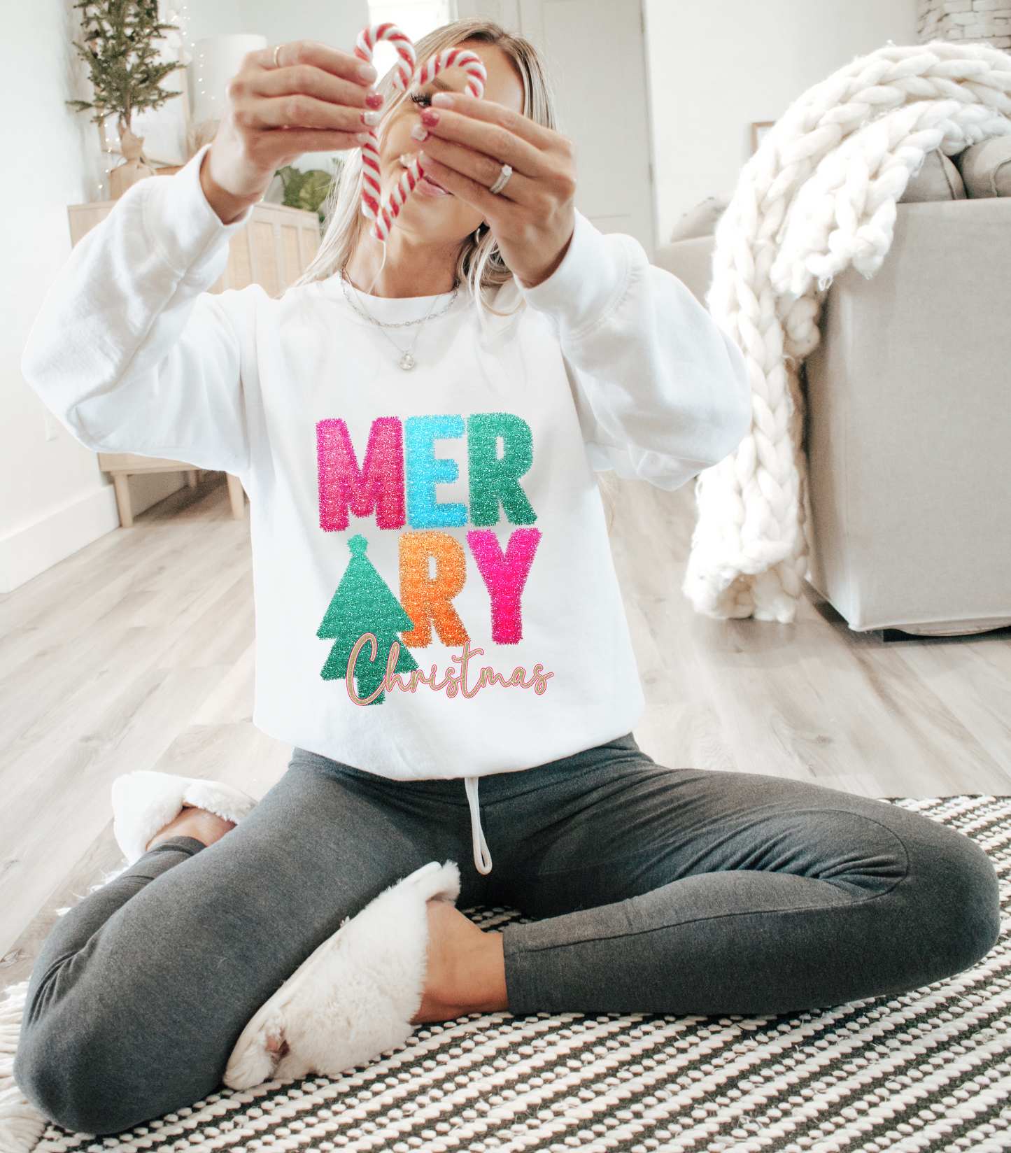 Merry Christmas tinsel design on tee or crewneck