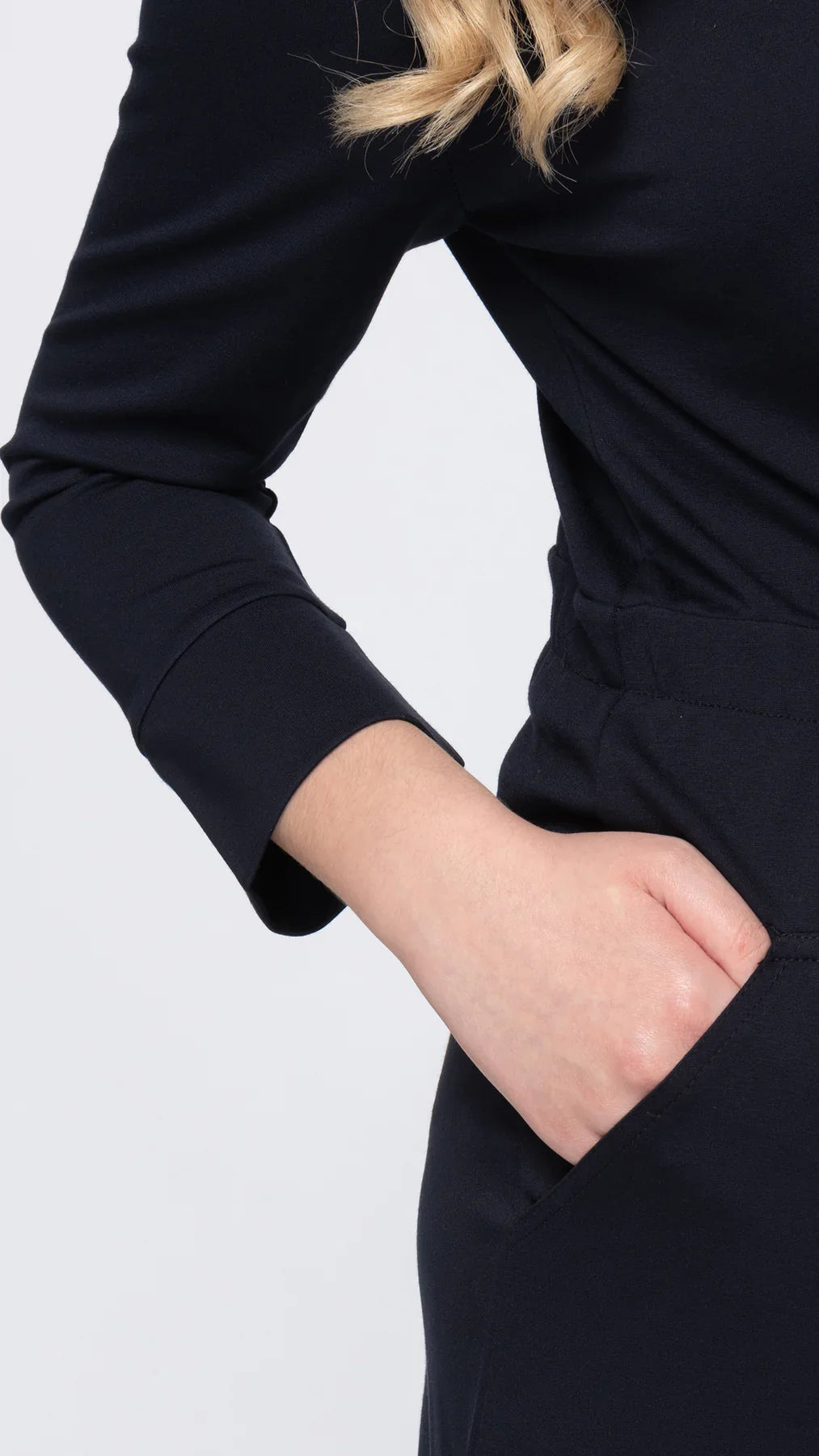Black Utility Dress Wide Waistband Front Zipper Nursing Friendly