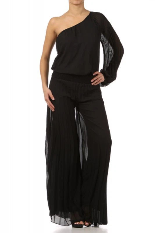 Women's Ladies One Shoulder Jumpsuit With Wide Leg And Pleats White, Black