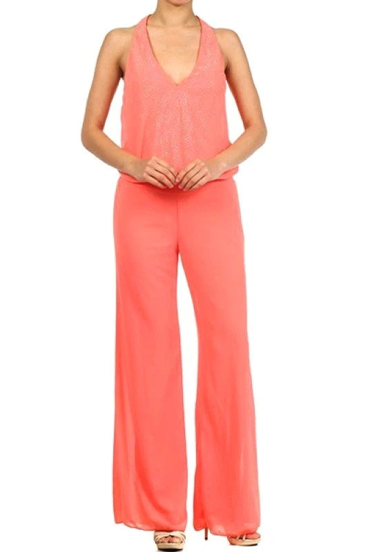 Women's Ladies Halter Neck Jumpsuit W/A Wide Leg And Banded Waist, Coral