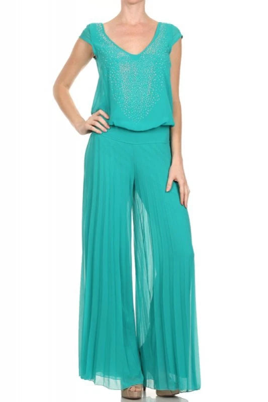 Women's Ladies Teal Solid Full Length Jumpsuit With Pleated Wide Legs