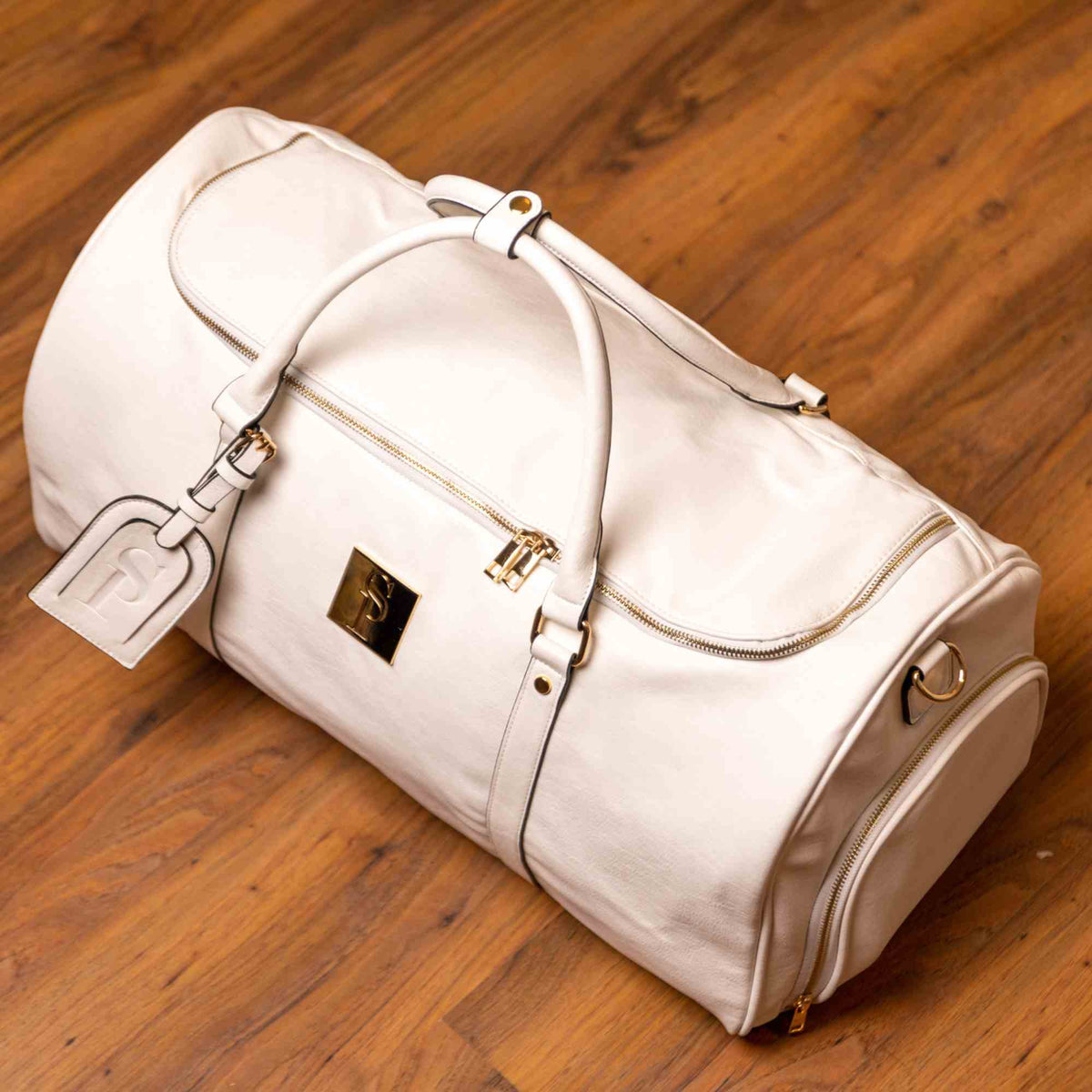 White Leather Luxury Weekender Duffle Bag
