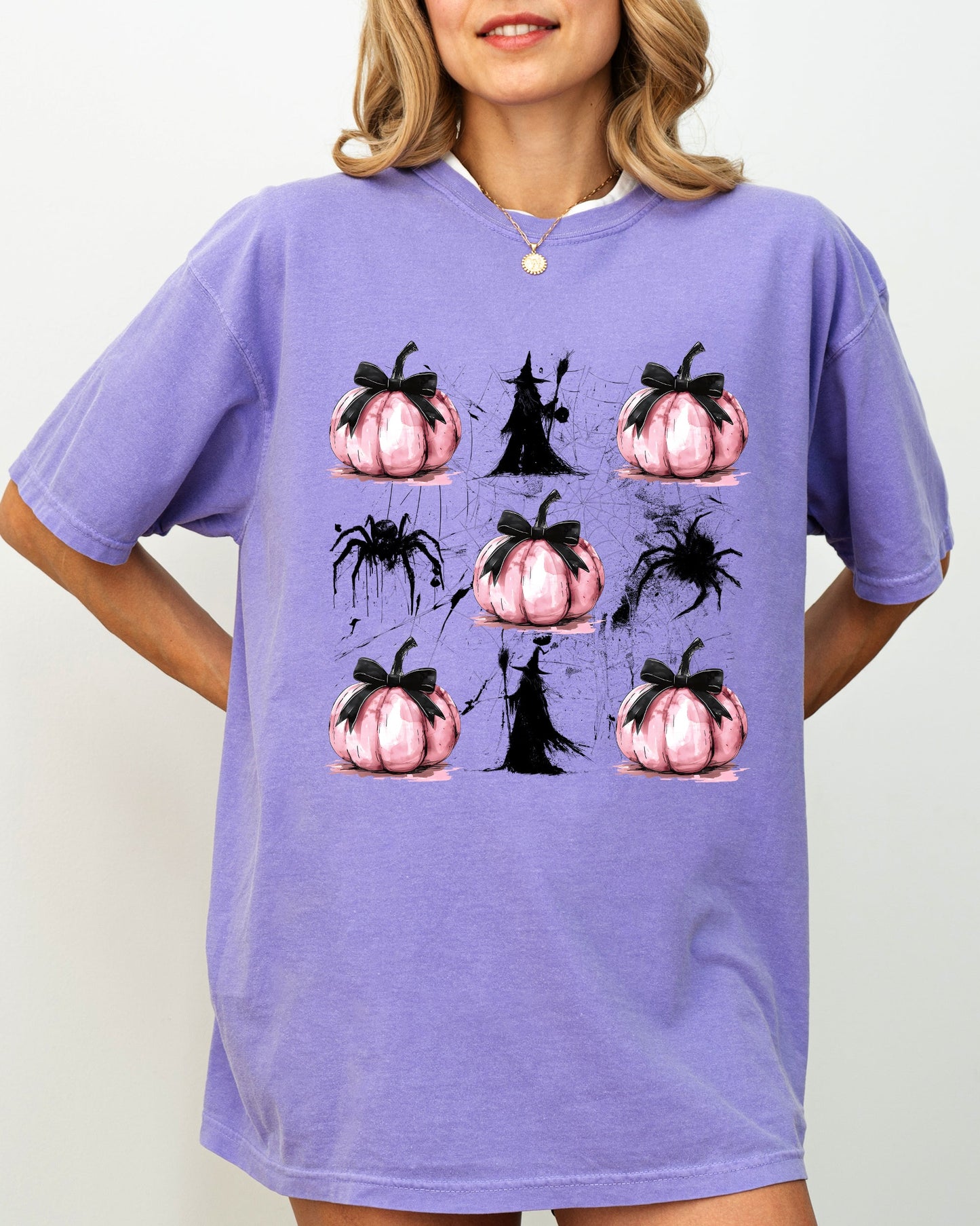 Witch Spiders Pumpkins Spooky Coquette Ribbons and Bows Halloween Autumn Fall Shirt Comfort Colors T-Shirt