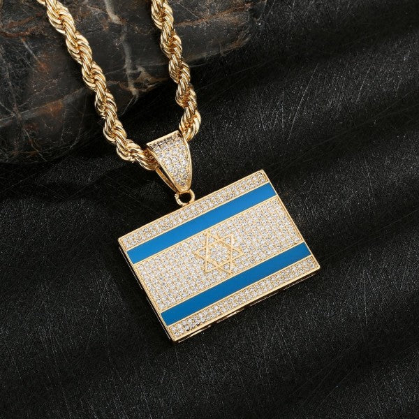 Israel Flag Gold Crystal Necklace 18K Gold-Plated Pendant