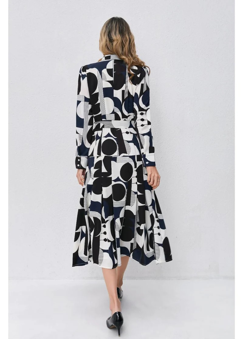 Abstract Harmony Navy White Geometric Midi Dress