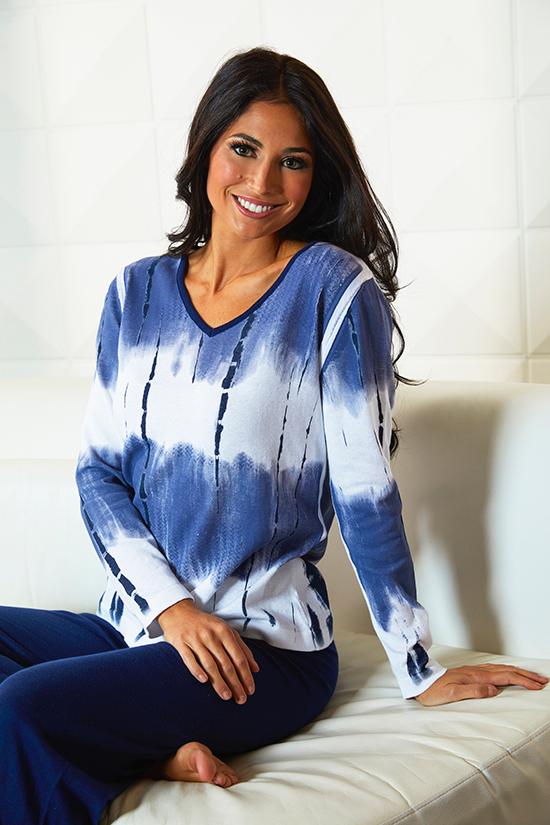 Blue and White V Neck Long Sleeve Tie Dye Shirt