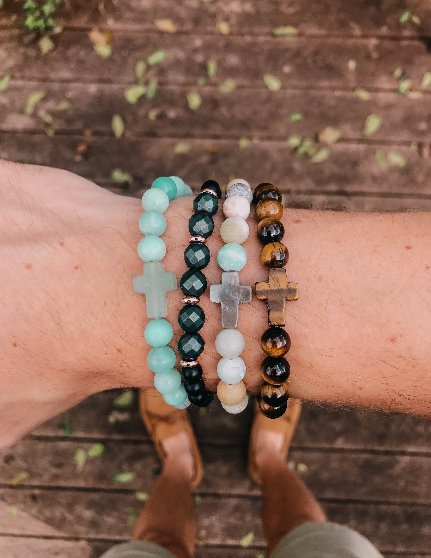 Amazonite Natural Stone Cross Bracelet Christian Jewelry
