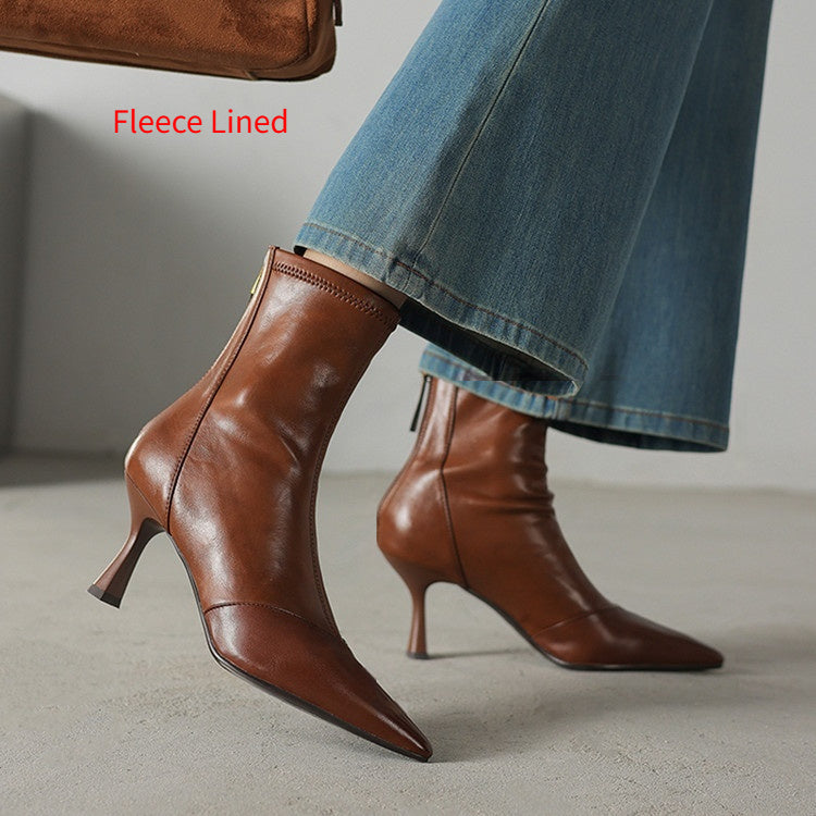 Cowhide Pointed Toe Stiletto Ankle Boots Women’s Back Zipper High Heel Booties