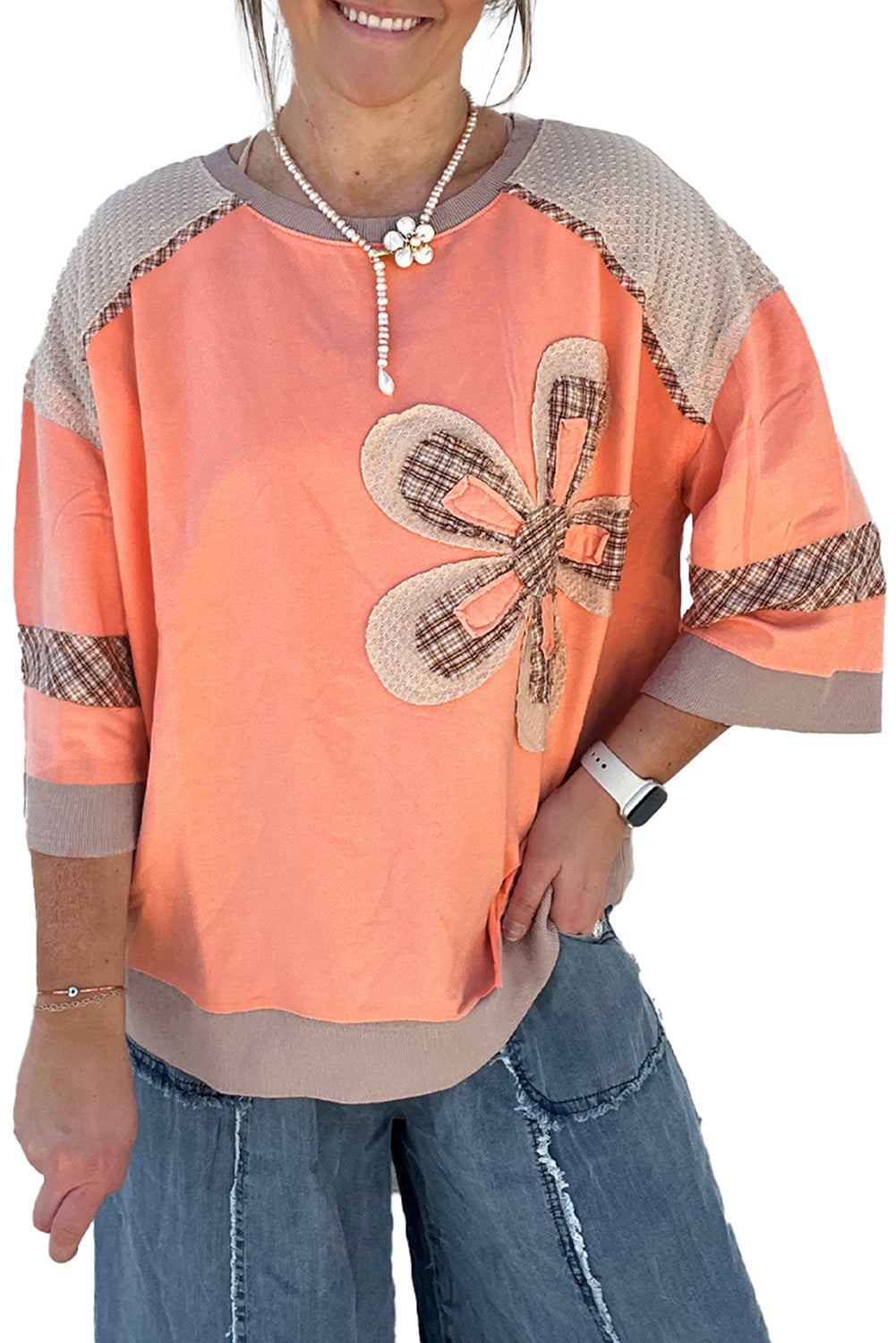 Grapefruit Orange Plaid Waffle Bracelet Sleeve Top