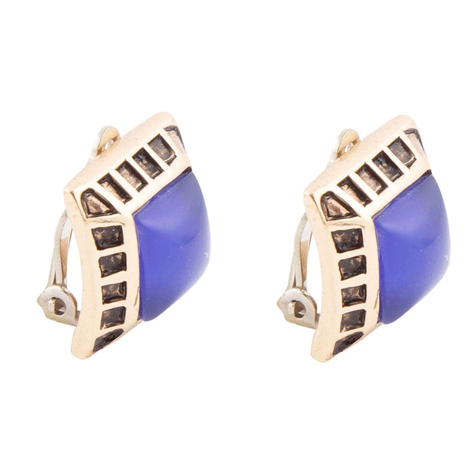 Blue Agate Golden Clip Earrings Clip On Earrings Barse Jewelry