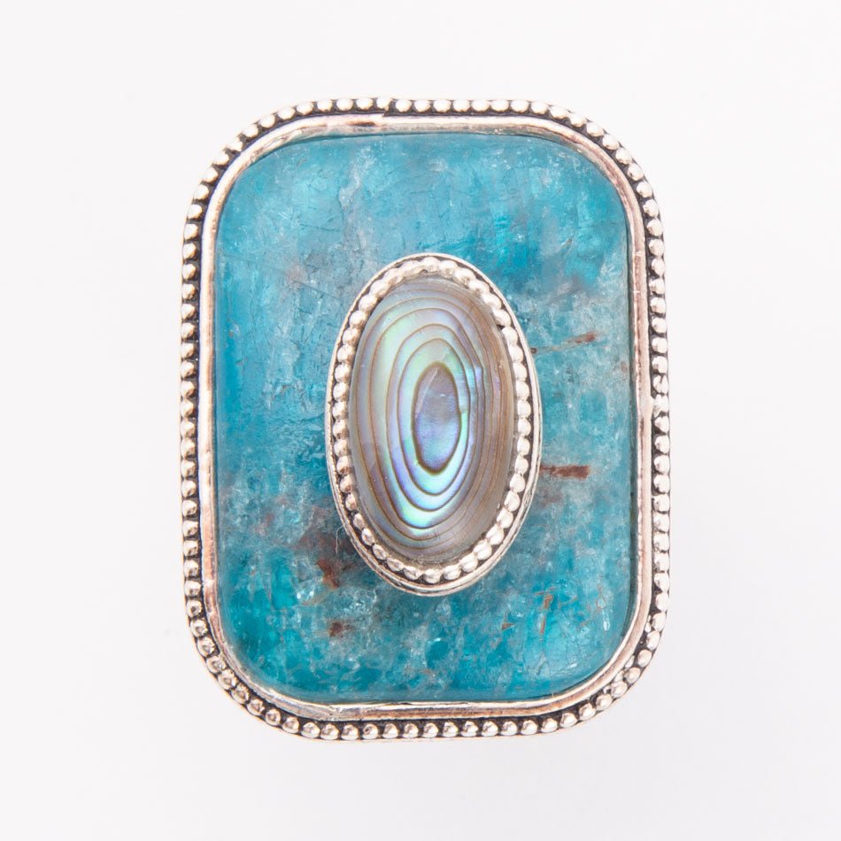 Blue Apatite Oval and Abalone Stacked Sterling Silver Ring Barse Jewelry