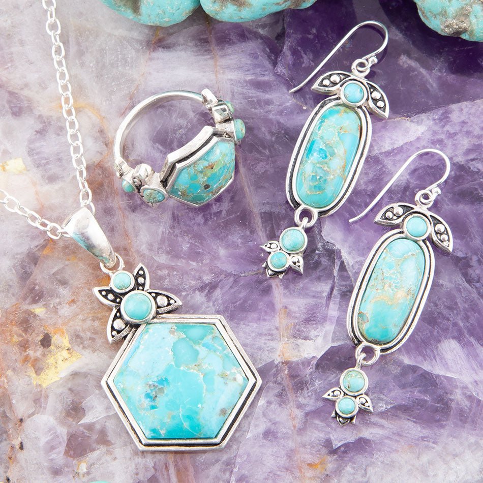 Blue Turquoise Hexagon Pendant Necklace Sterling Silver