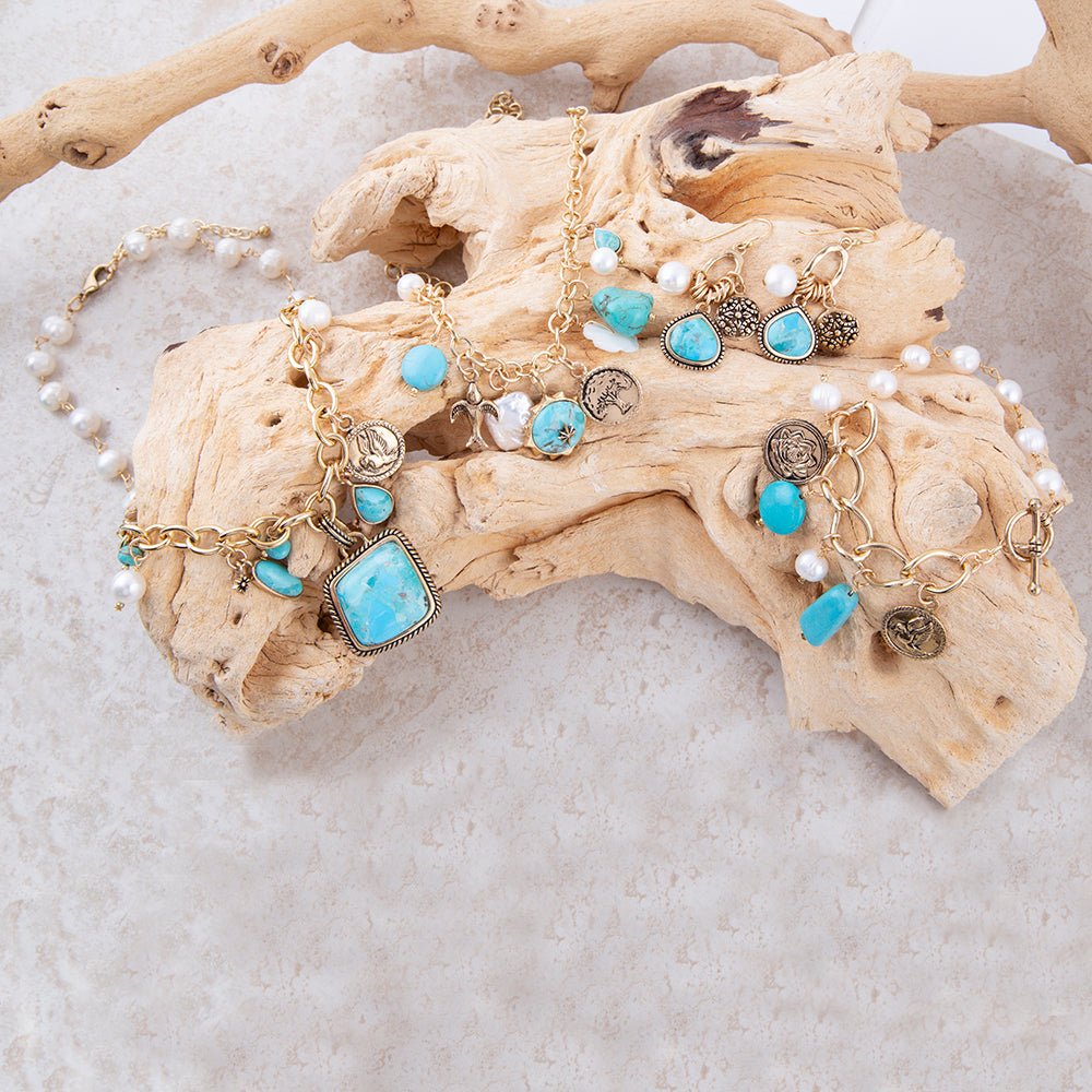 Blue Turquoise White Pearl Multi Charm Golden Charm Earrings