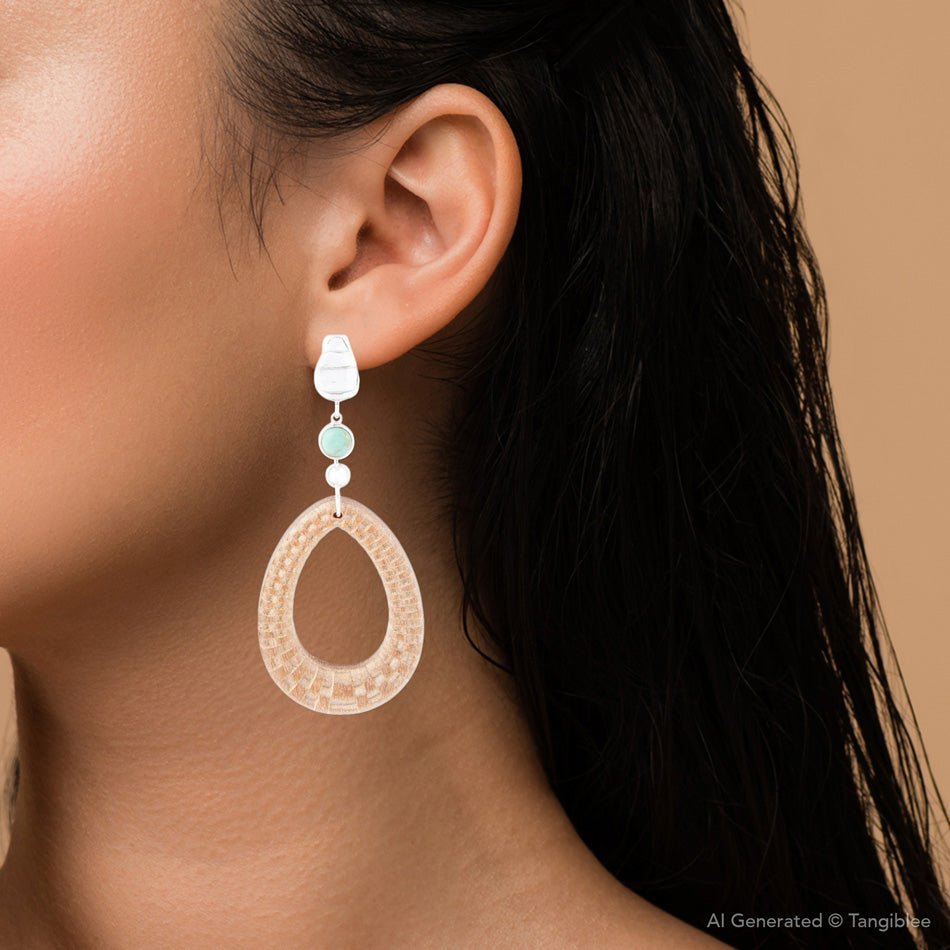 Blue Turquoise Top Sterling Silver Carved Wood Earrings