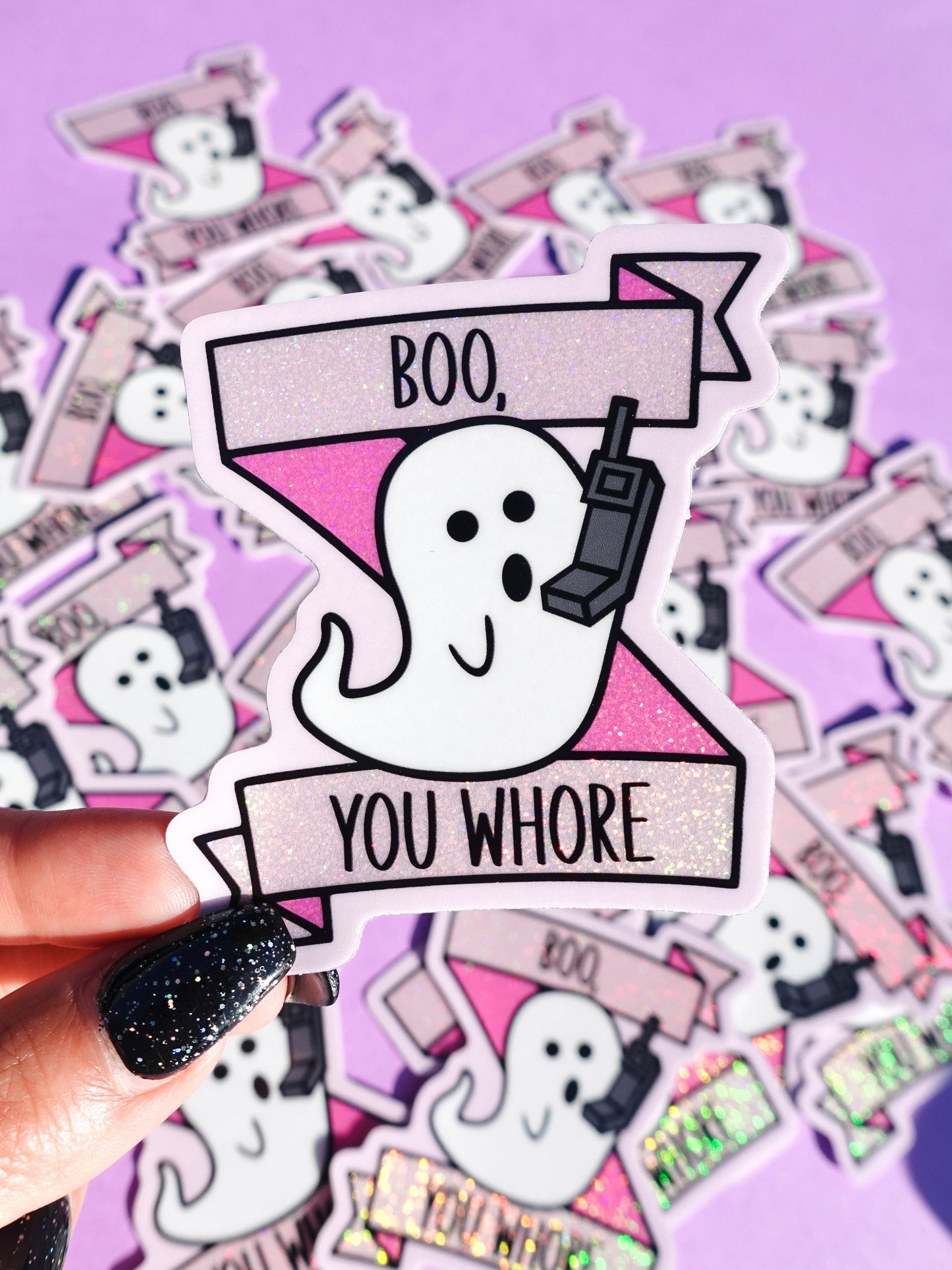 Halloween Glitter Sticker Durable Waterproof 3x3 Inch Boo You Whore
