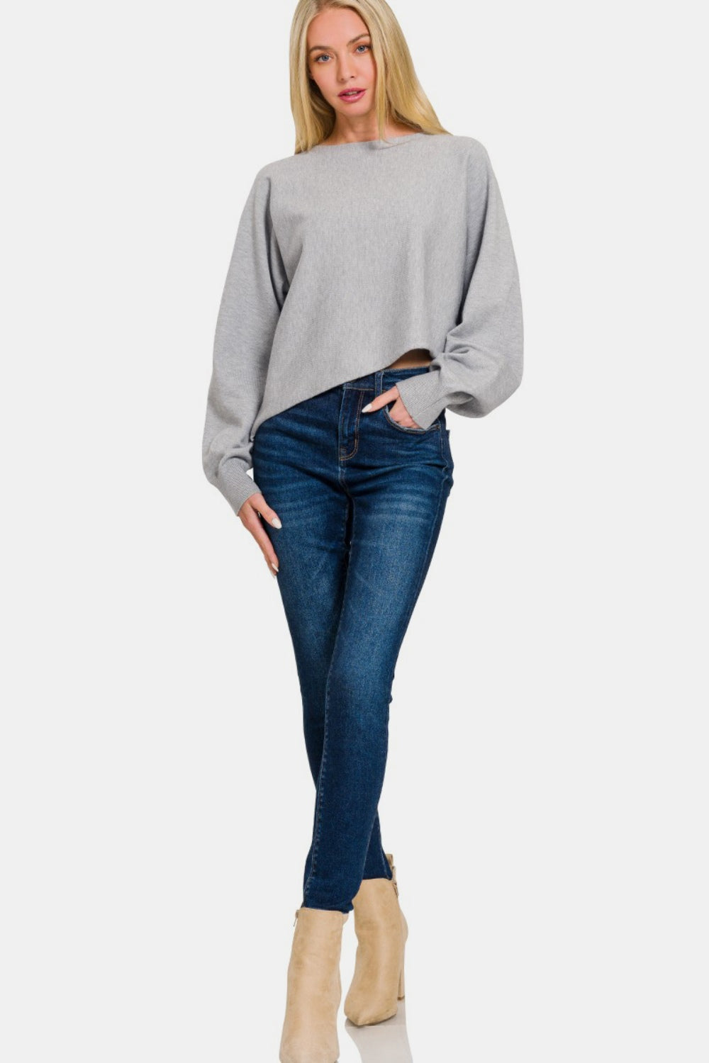 Asymmetric Hem Long Sleeve Sweater Stylish Sweater Zenana