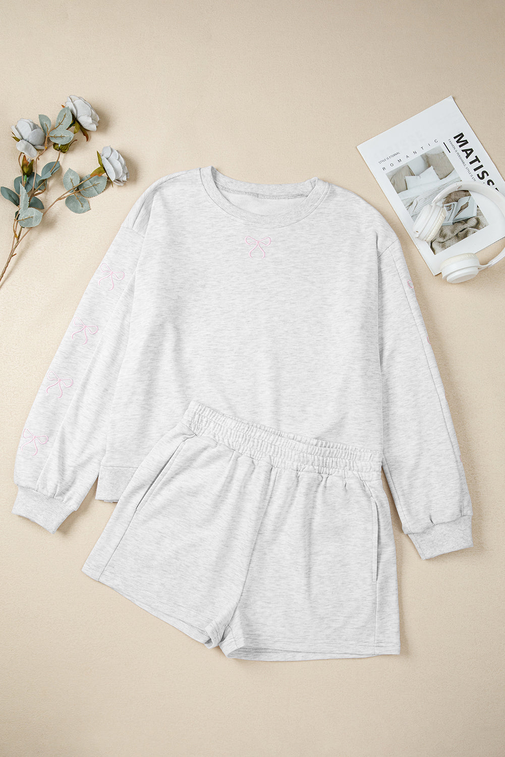 Pink Girly Bow Embroidered Detail Puff Sleeve Pullover 2pcs Short Set Sachet